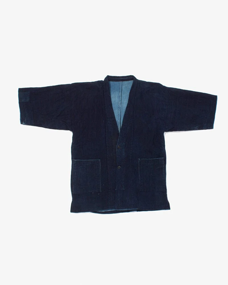 Vintage Noragi Jacket, Altered, Boro, Buttoned Torso, Sashiko Stitched, Dark and Washed Indigo - Image 2