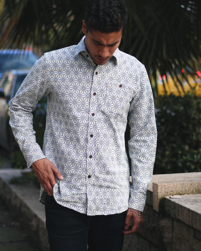 Kiriko Original Shirt, Long Sleeve Button-Up, White Asanoha