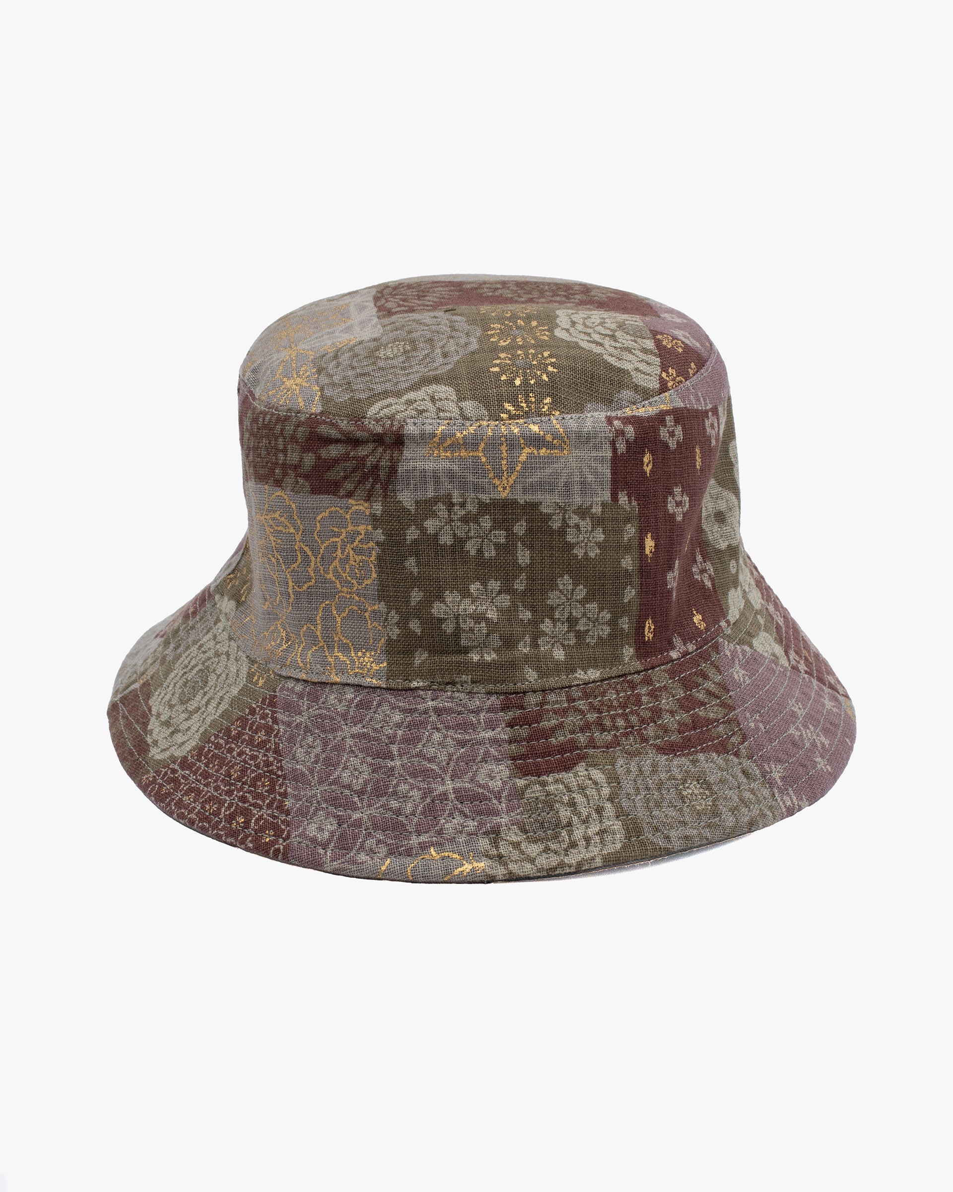 Kiriko Original Bucket Hat, Reversible Azuki and Gold Multi Patchwork with Khaki and Faded Green Camo - Image 5