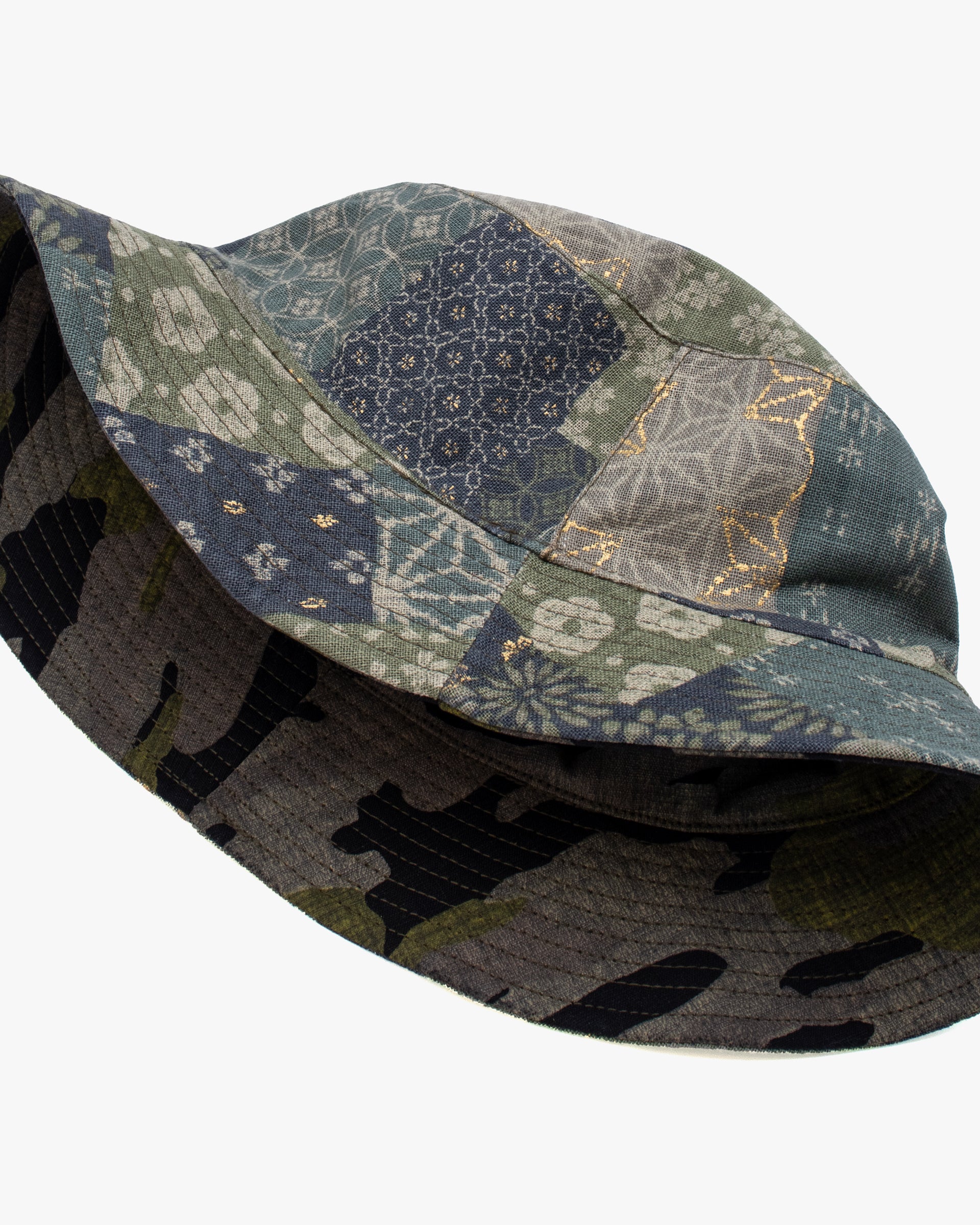 Kiriko Original Bucket Hat, Reversible Sage and Gold Multi Patchwork with Black and Lime Tiger Camo - Image 4