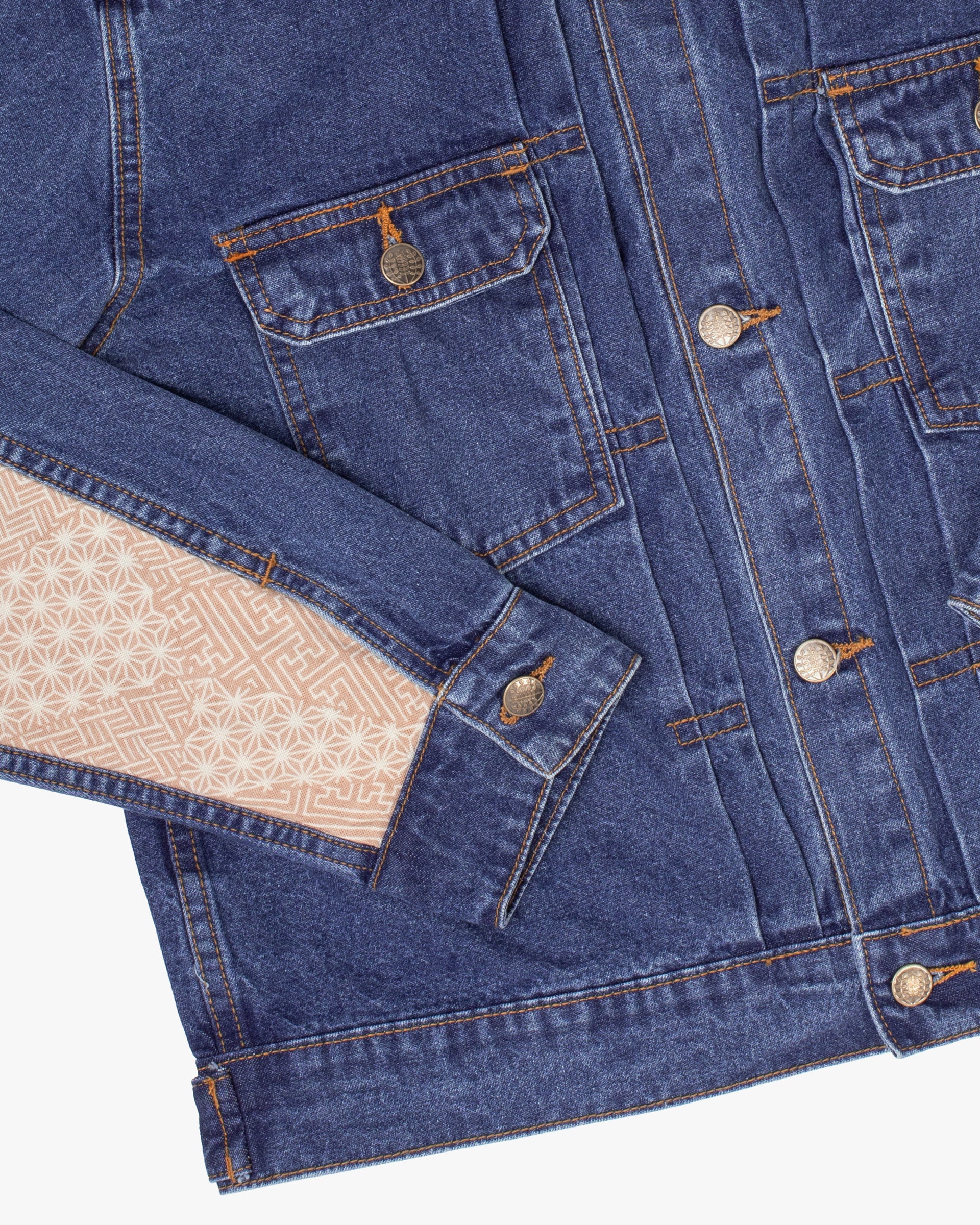Kiriko Original Type II Denim Trucker Jacket, Trimmed with Patched Nami Fabric, Bleached Denim - Image 5