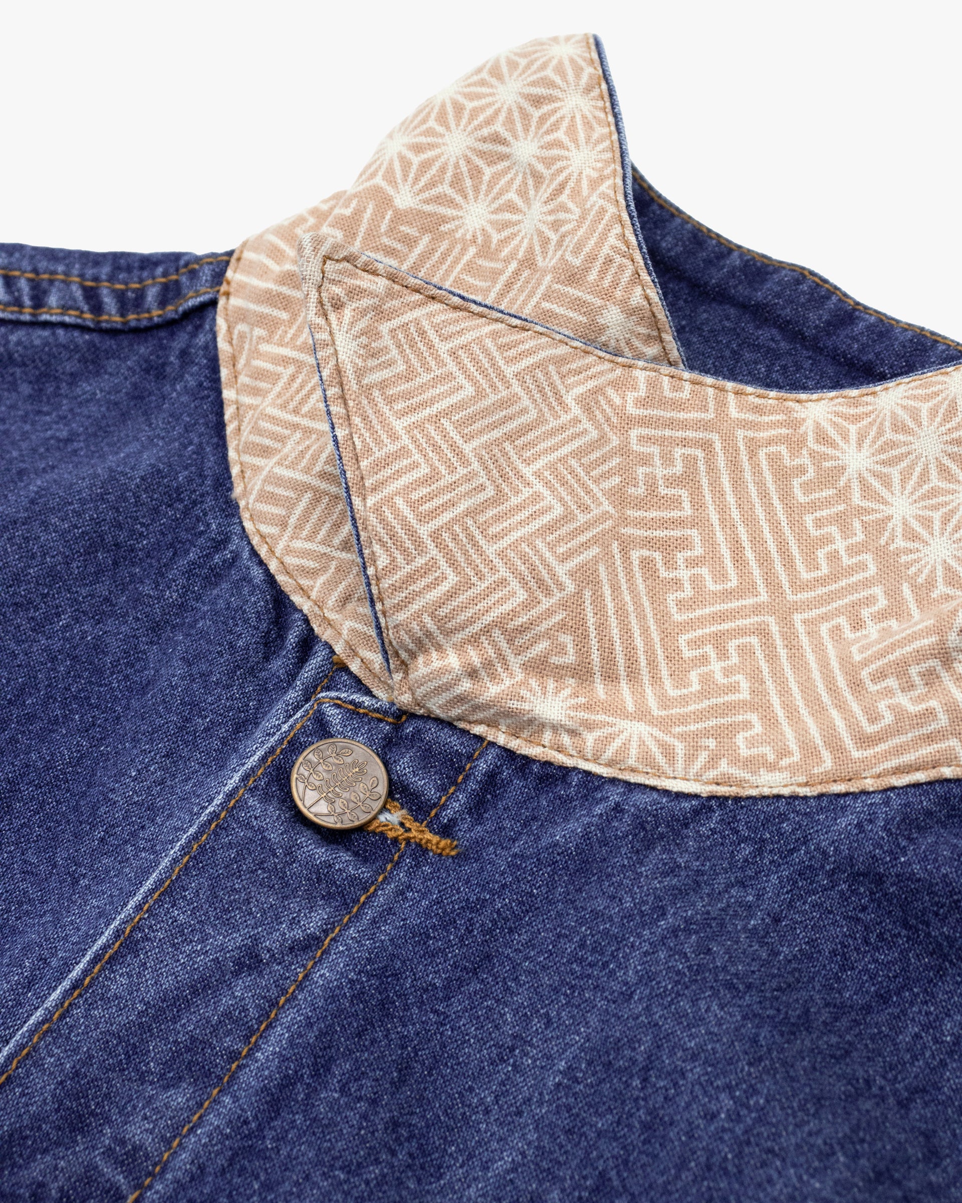 Kiriko Original Type II Denim Trucker Jacket, Trimmed with Patched Nami Fabric, Bleached Denim - Image 6
