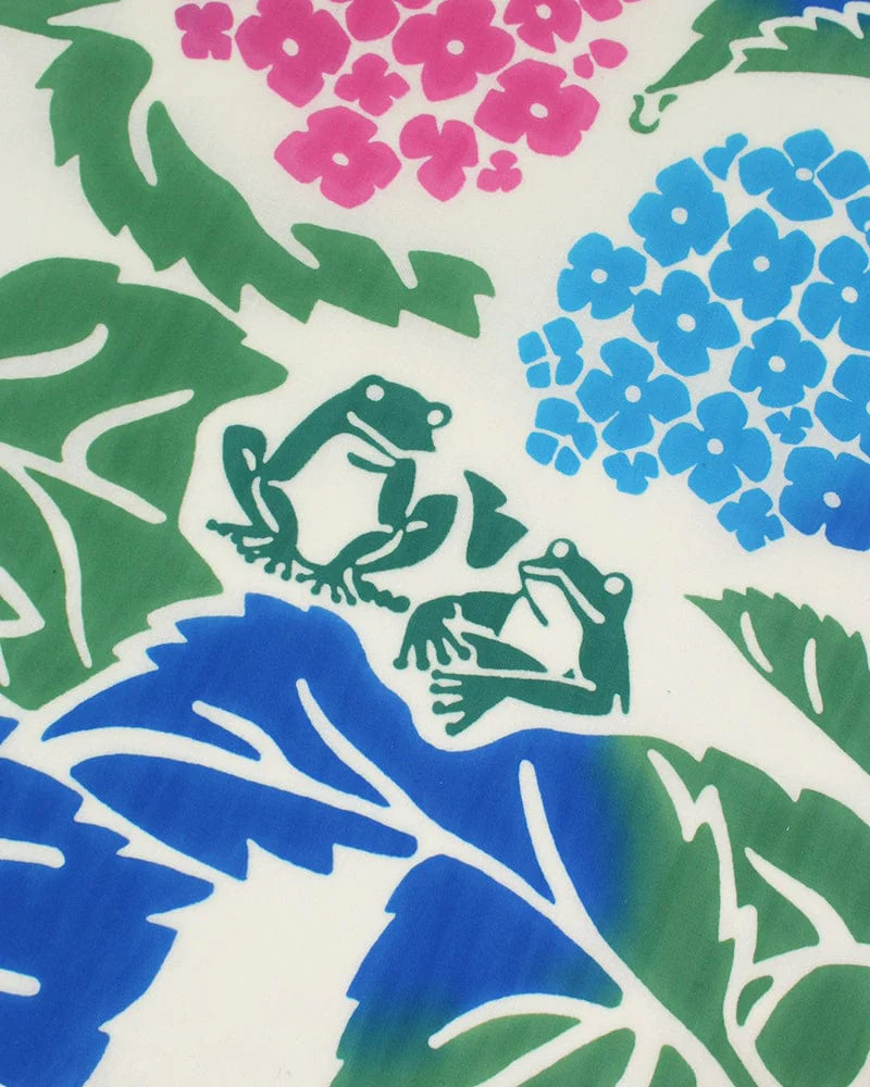 Tenugui, Chusen-Zome, Colorful Hydrangea and Frogs - Image 2