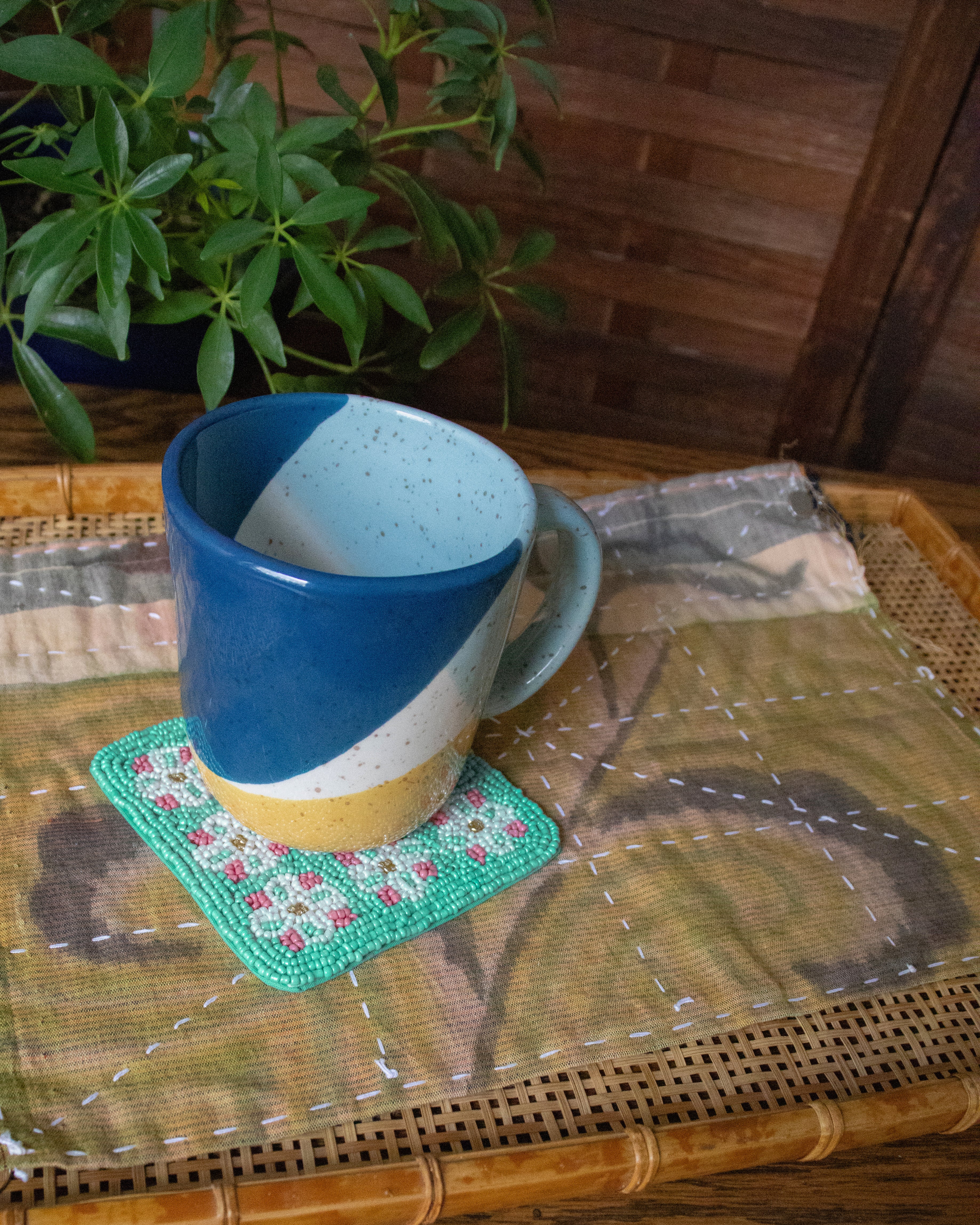 Coaster, Bisque, Beaded Flower Pattern Mint - Image 2