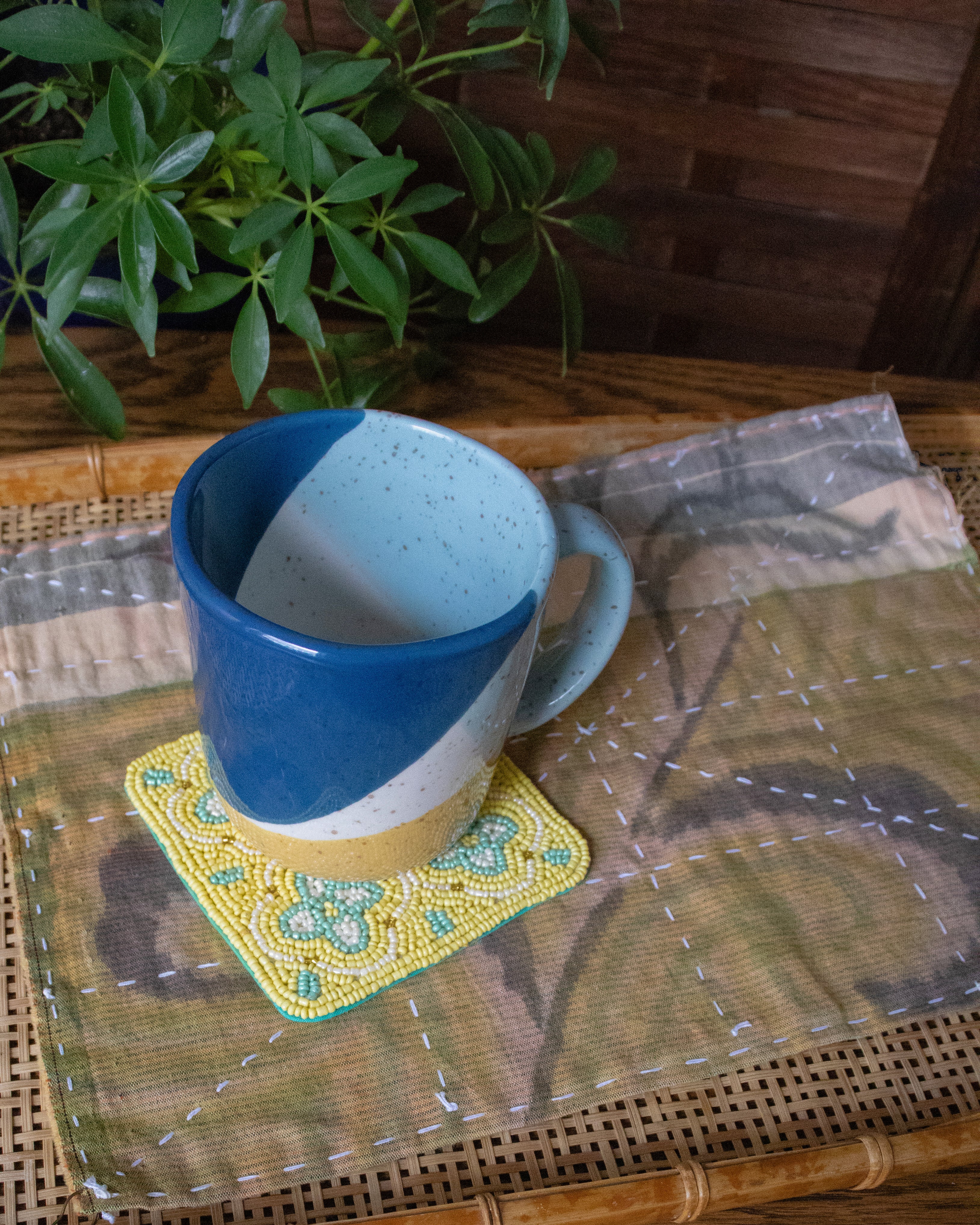 Coaster, Bisque, Beaded Flower Pattern Yellow - Image 2