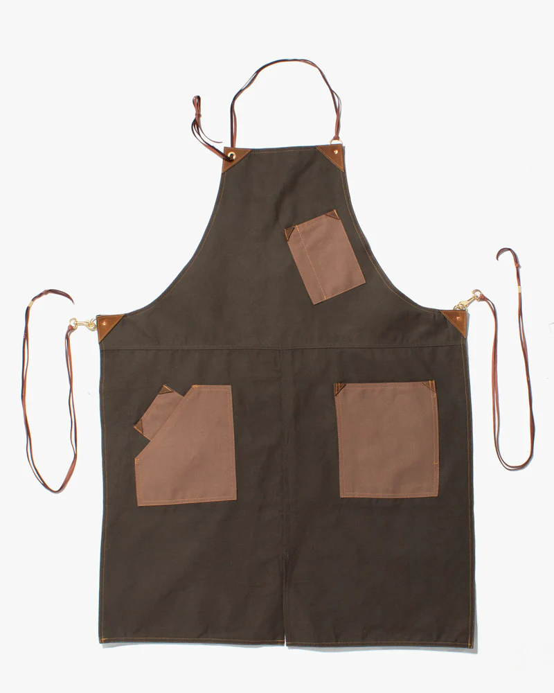 Kokoro Original Work Apron, Full, Canvas Two-Tone, Olive with Brown Pockets - Image 5