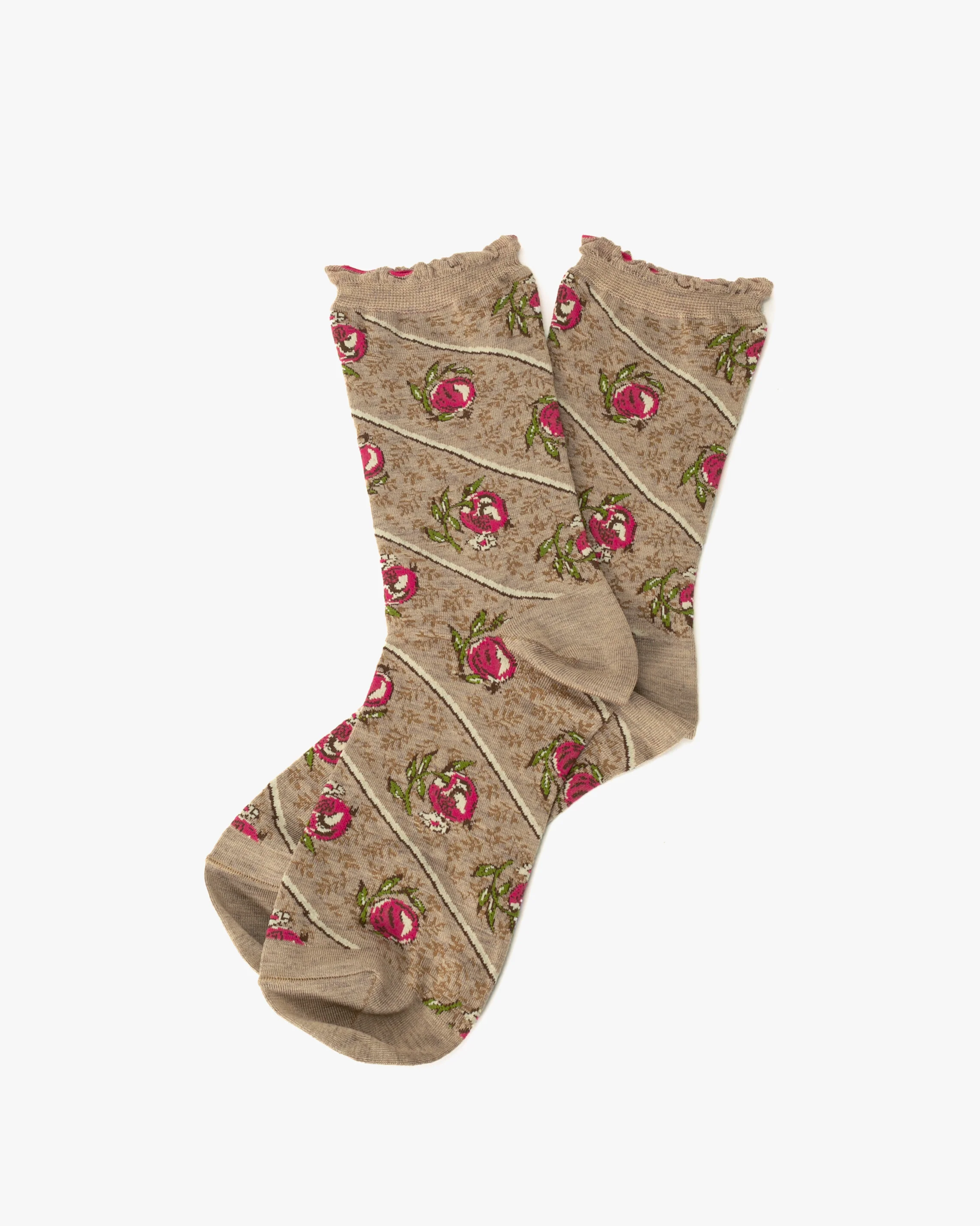 Debby Co., Crew Socks, Maison Blanche Collection, Beige with Magenta Flowers - Image 3