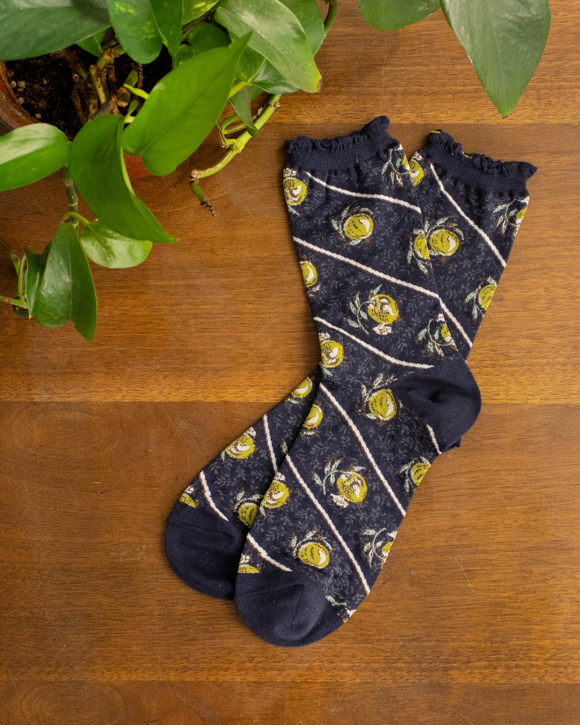 Debby Co., Crew Socks, Maison Blanche Collection, Navy with Yuzu Pattern