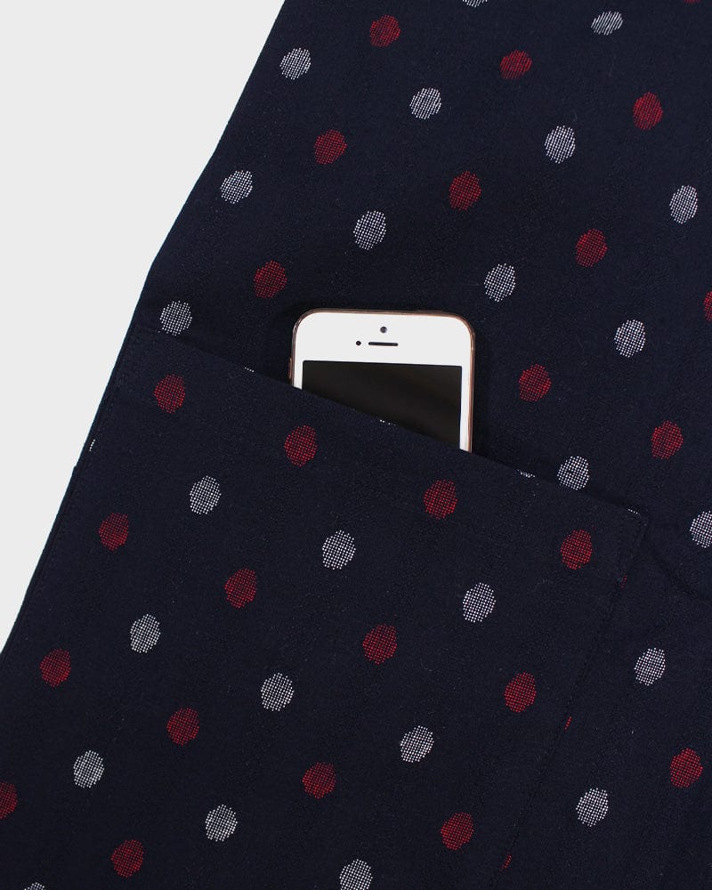 ToK Japanese Apron, Cafe Style, Indigo with Red And White Polka Dots - Image 2