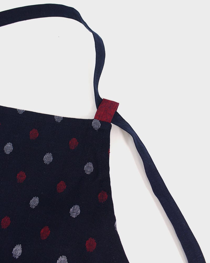 ToK Japanese Apron, Cafe Style, Indigo with Red And White Polka Dots - Image 3
