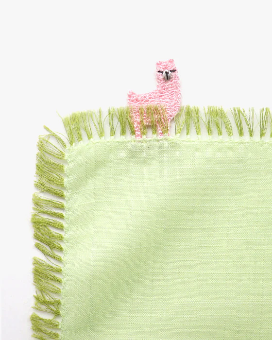 Japanese Handkerchief, Fringed, Green with Pink Alpaca