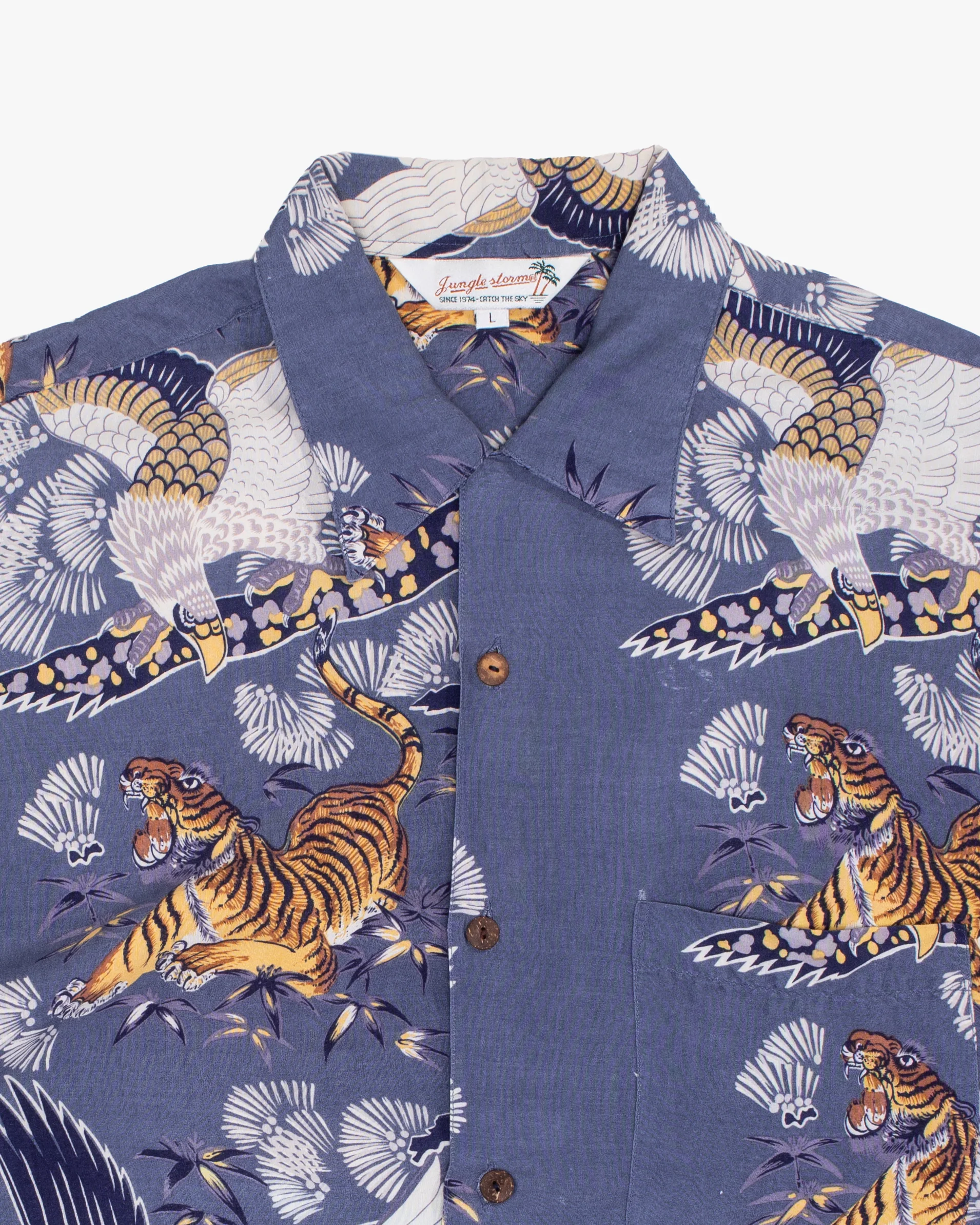 Japanese Repro Aloha Shirt, L, Jungle Storm, Tiger and Eagle on Blue - Image 2