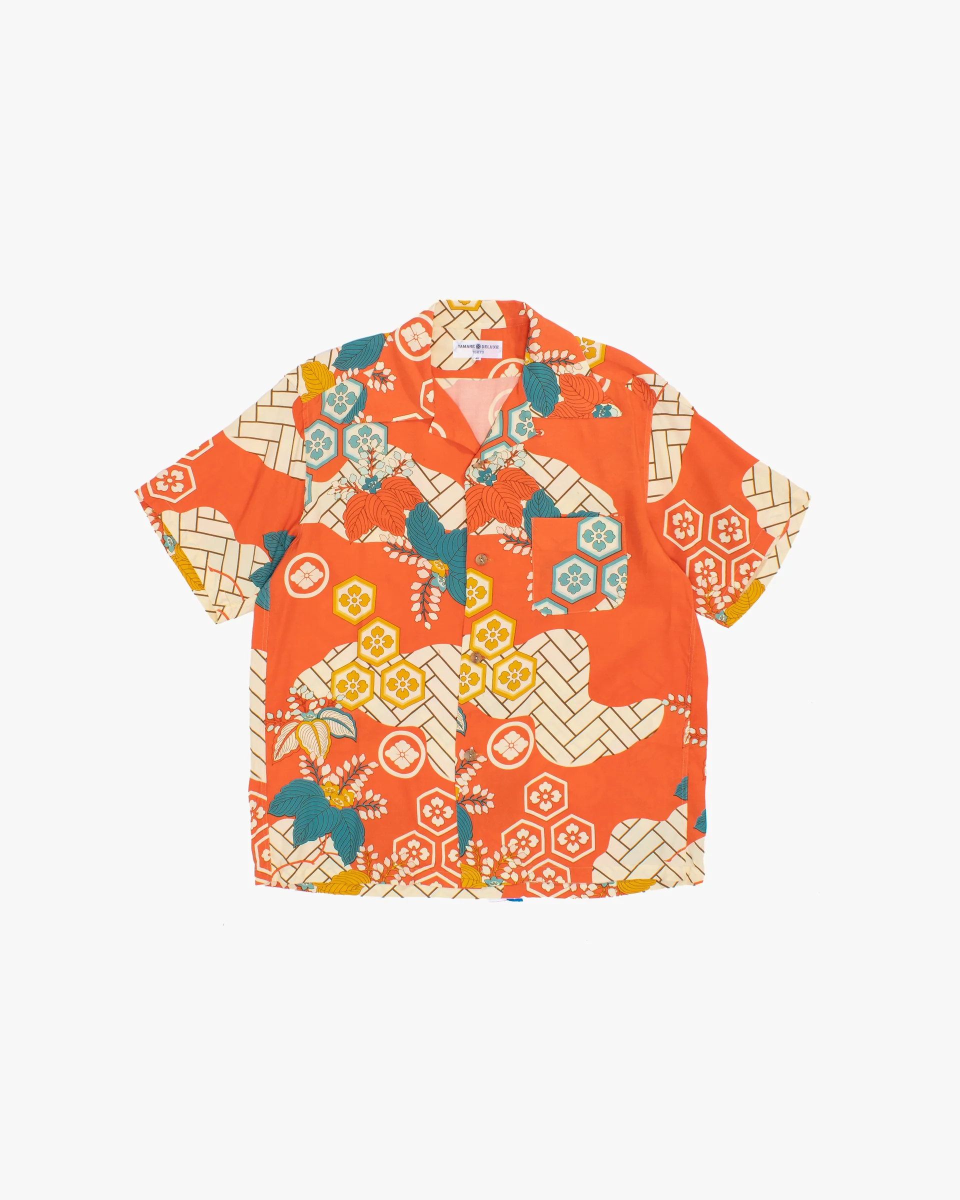 Japanese Repro Aloha Shirt, L, Evisu, Traditional Patterns on Orange