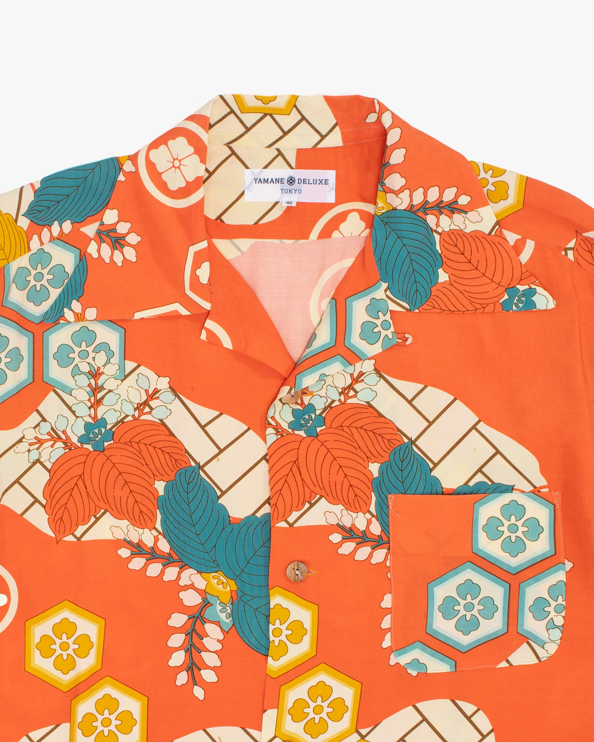 Japanese Repro Aloha Shirt, L, Evisu, Traditional Patterns on Orange - Image 2