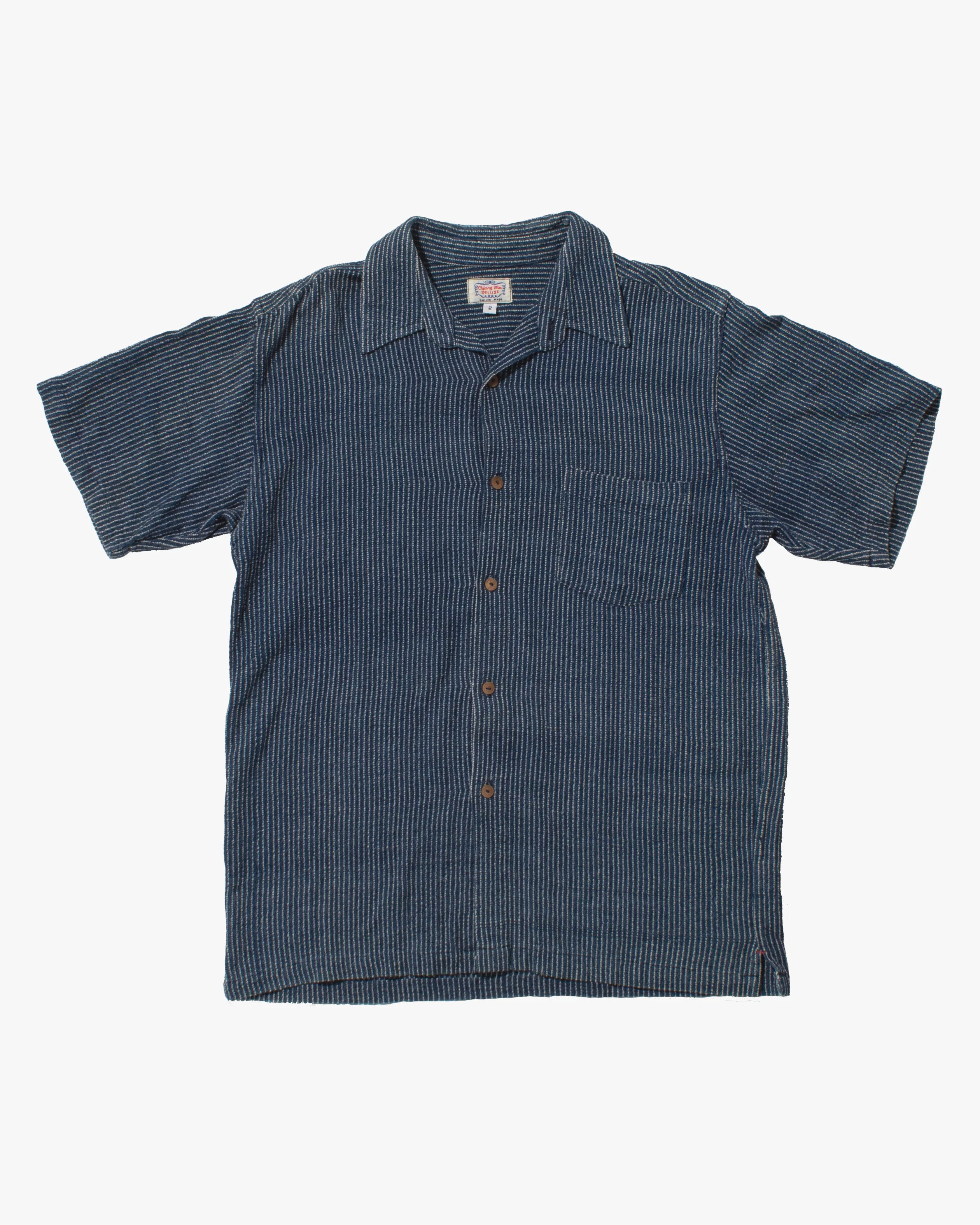 Japanese Repro Button Up Shirt, L, Gaijin Made, Embroidered Striped Navy - Image 4