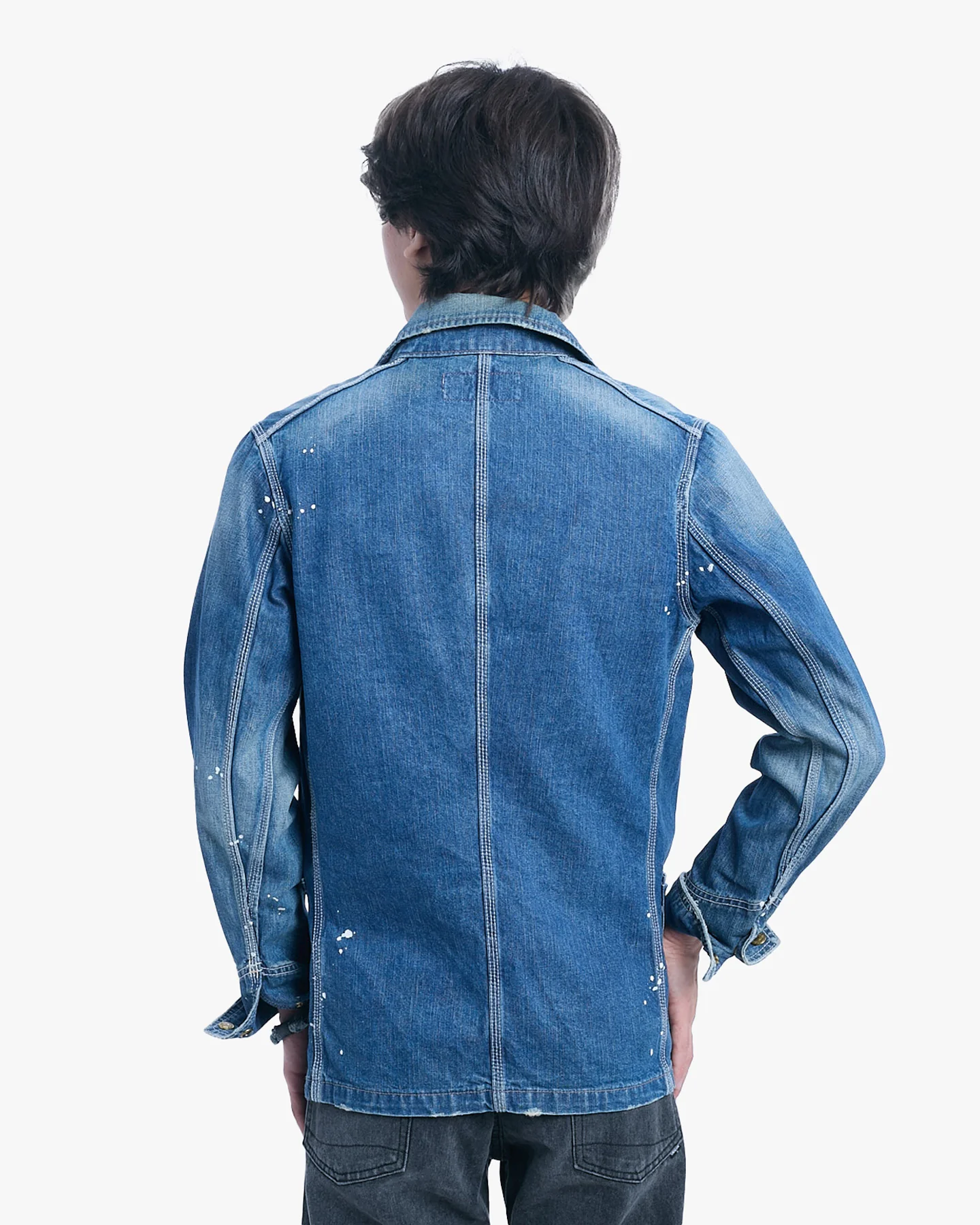 Japanese Repro Jacket, S, Schott, White Splattered Medium Wash Denim - Image 2