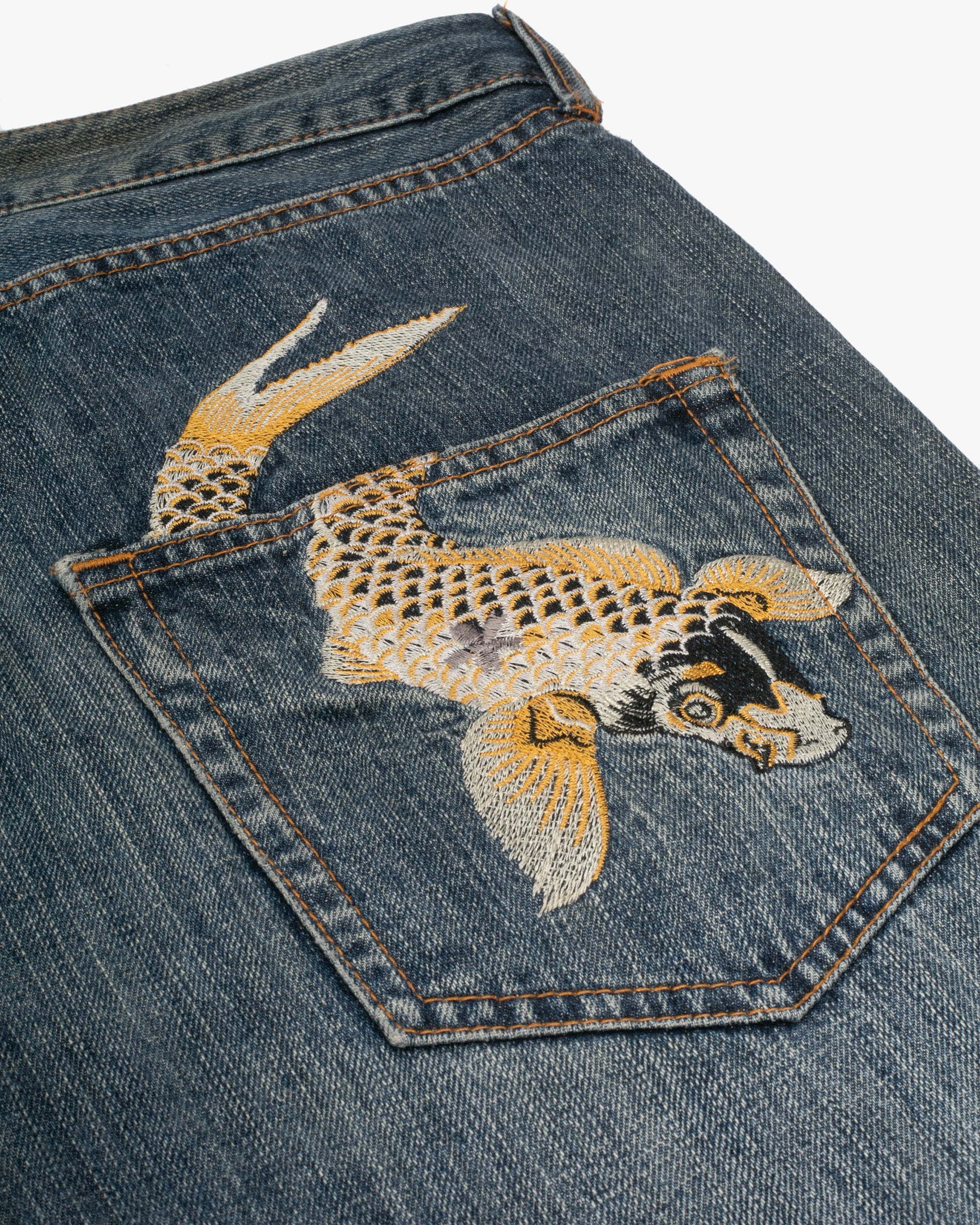 Japanese Repro Denim Jeans, Ann Do, Embroidered Koi and Floral Lining - 38" - Image 4