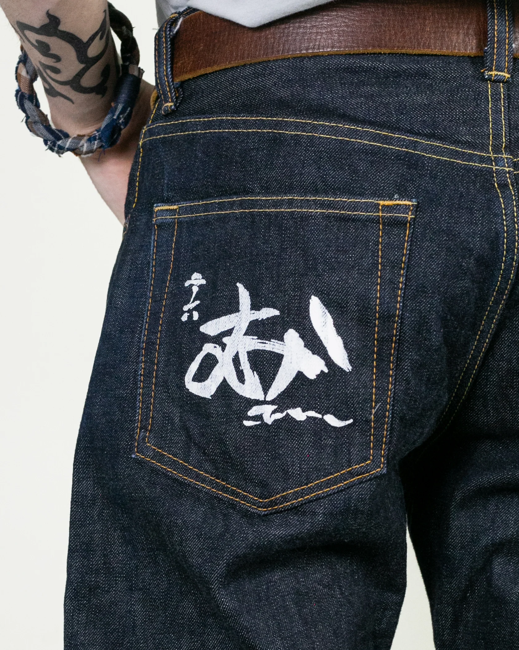 Japanese Repro Denim Jeans, Mukashi Mukashi, Hand Painted - 31 - Image 4