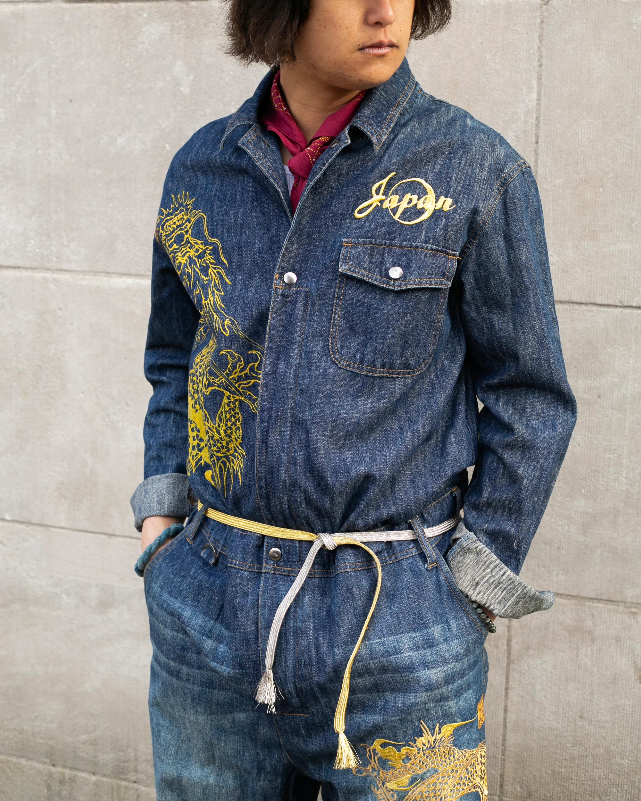 Japanese Repro Denim Jumpsuit, XL, Crutch Co, Embroidered Dragons - Image 3