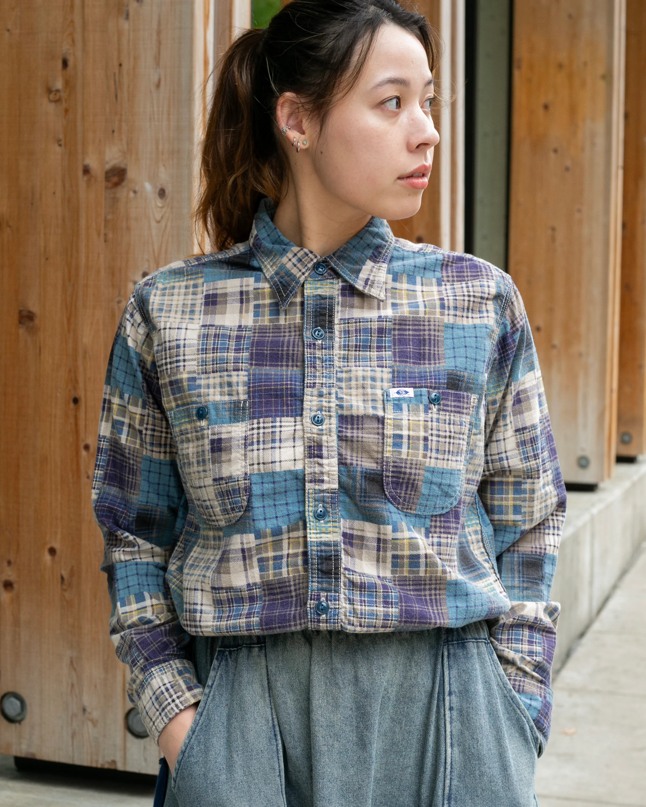 Japanese Repro Flannel Shirt, Pherrow's, Blue Patchwork Plaid - M - Image 2