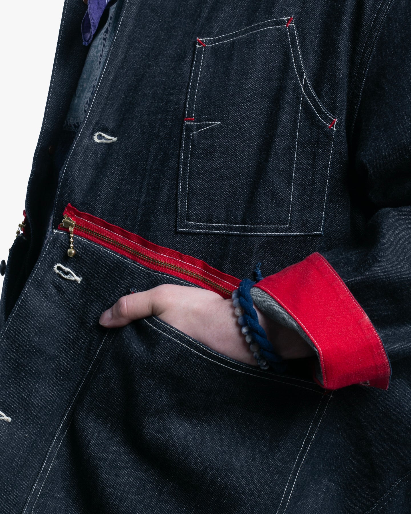 Japanese Repro Denim Chore Coat, S, Kapital, Dark Wash with Zipper and Red Accents - Image 5