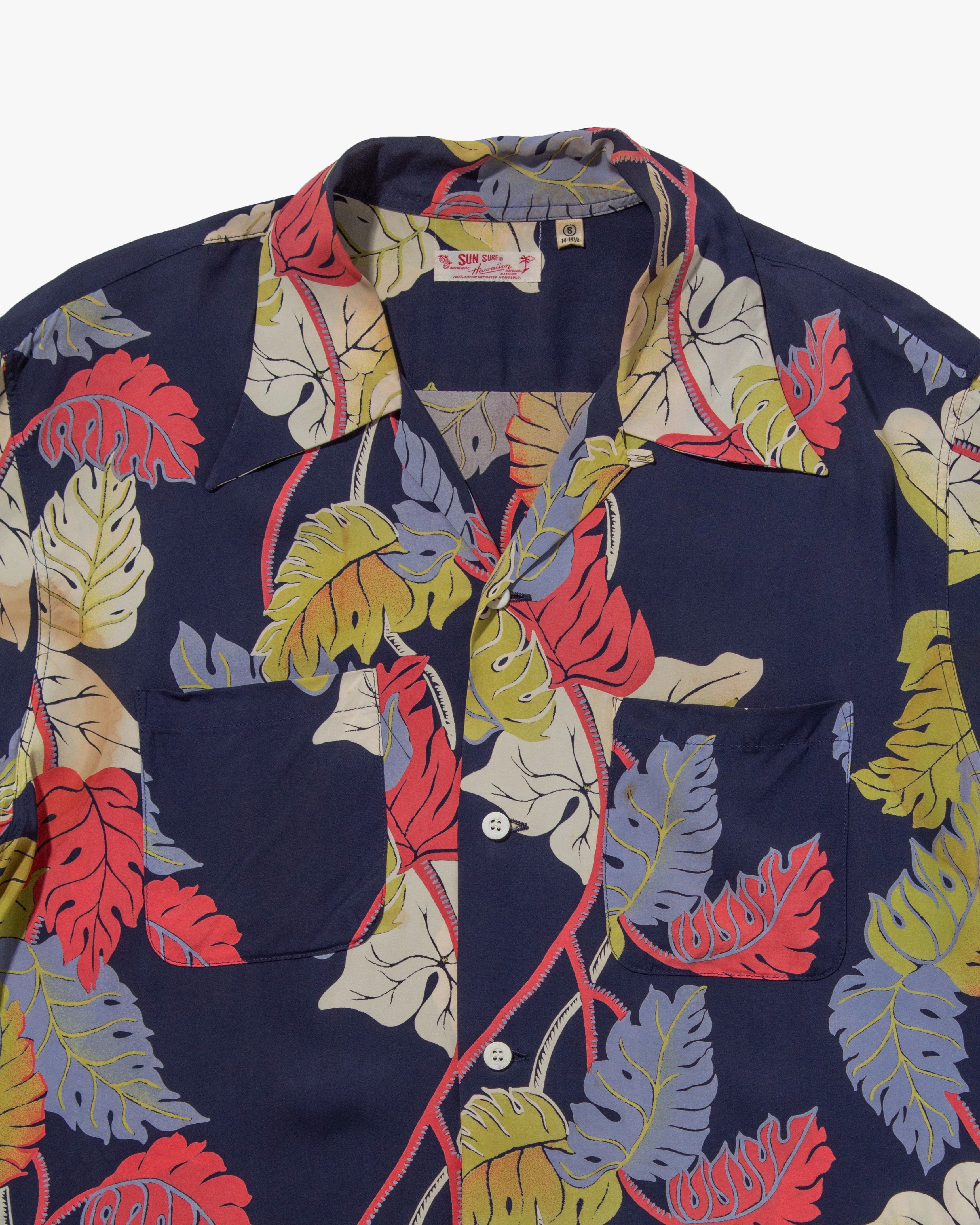Japanese Repro, Long Sleeve Aloha Shirt, Sun Surf Brand, Navy with Colorful Monstera Leaves - Image 2