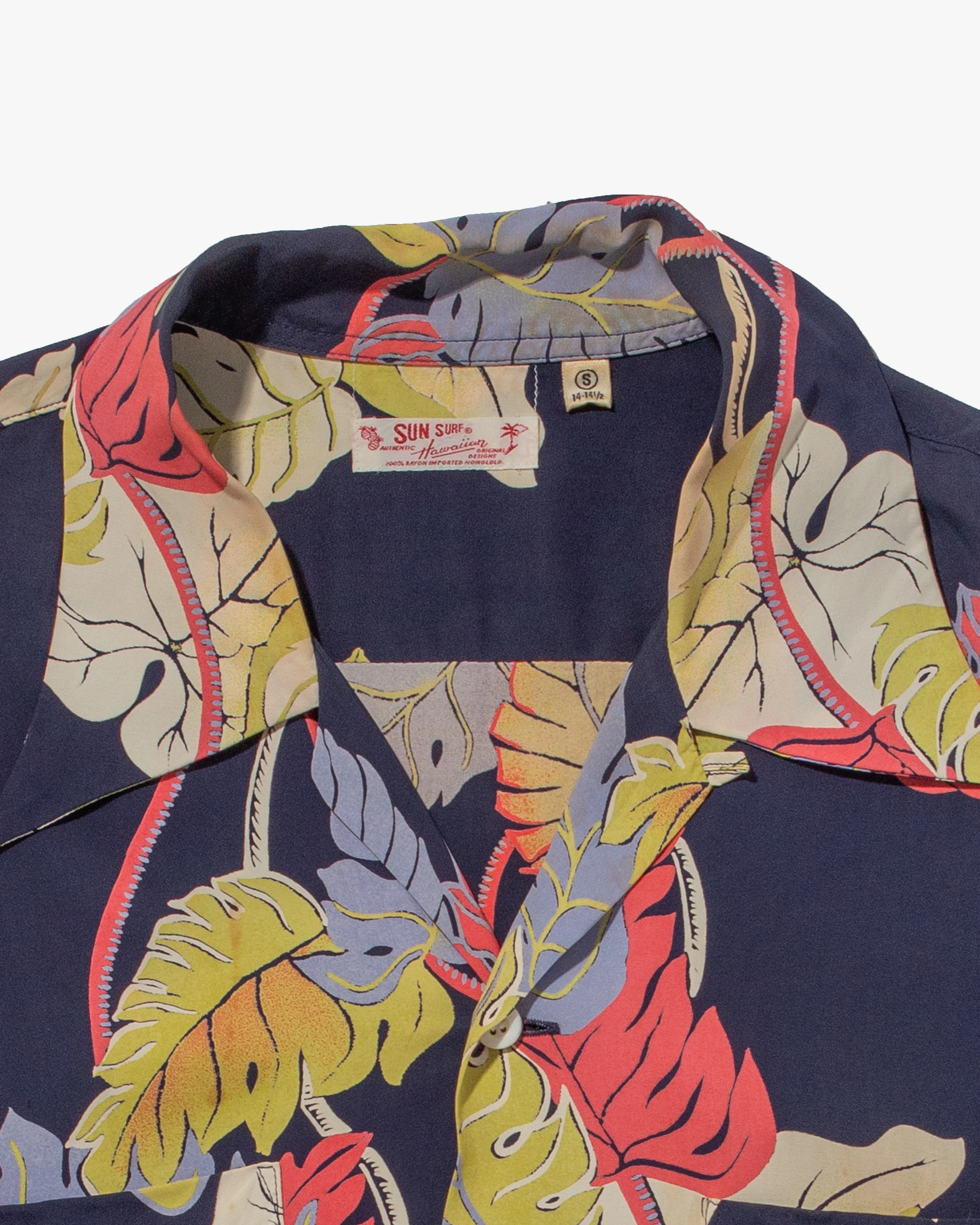 Japanese Repro, Long Sleeve Aloha Shirt, Sun Surf Brand, Navy with Colorful Monstera Leaves - Image 5