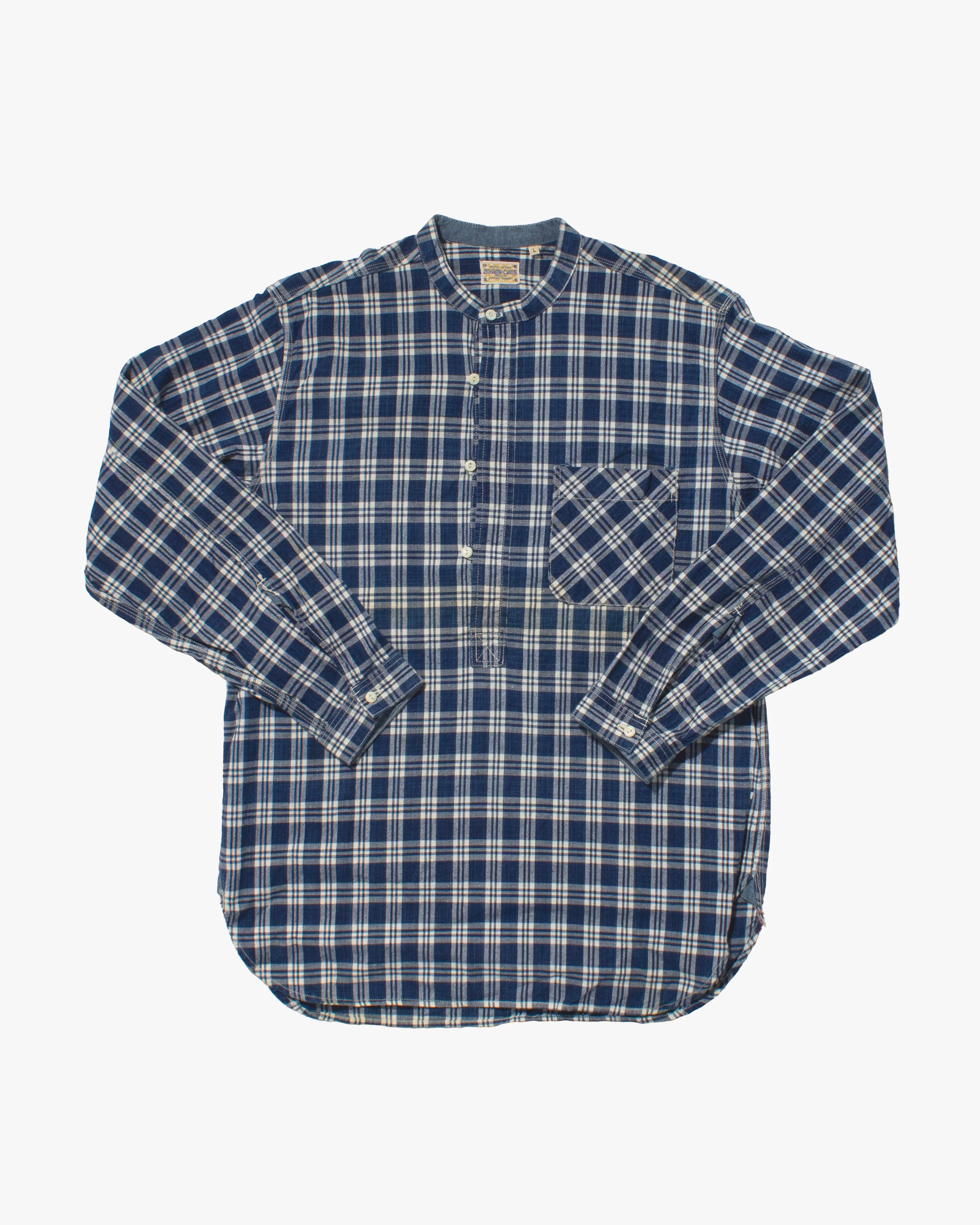 Japanese Repro Long Sleeve Shirt, Sugar Cane, Blue Plaid Mandarin Collar - L