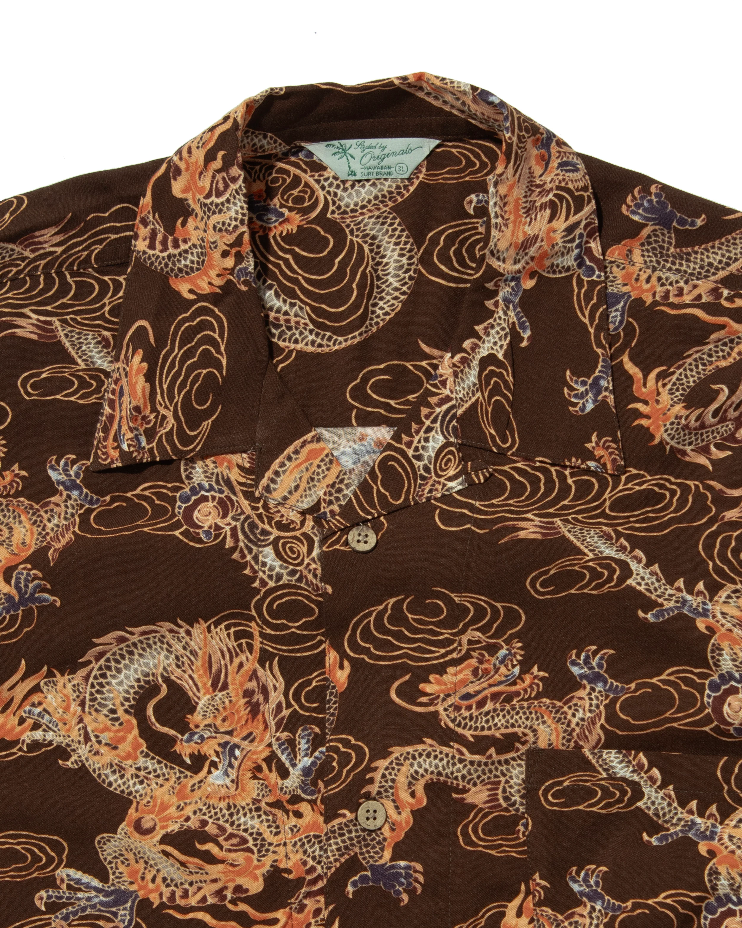 Japanese Repro Shirt, Short Sleeve Aloha Shirt, Styled By Originals Hawaiian Surf, Brown with Dragons - XL - Image 3