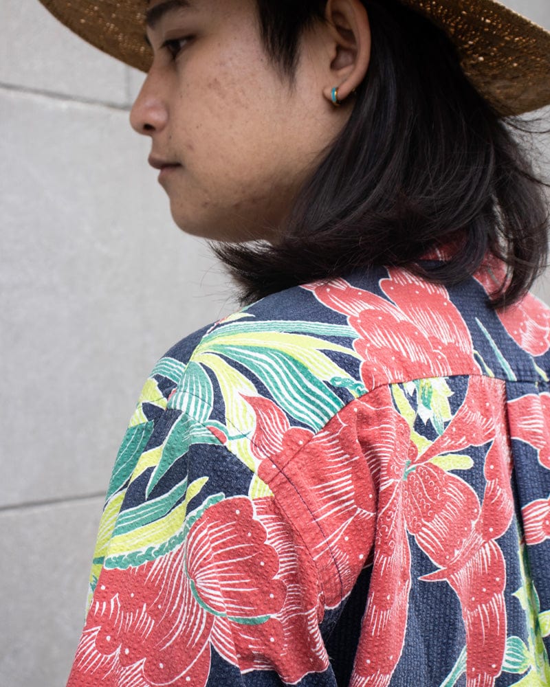 Japanese Repro Shirt, Seersucker Aloha Short Sleeve, Sun Surf Brand, Bright Flower - L - Image 5