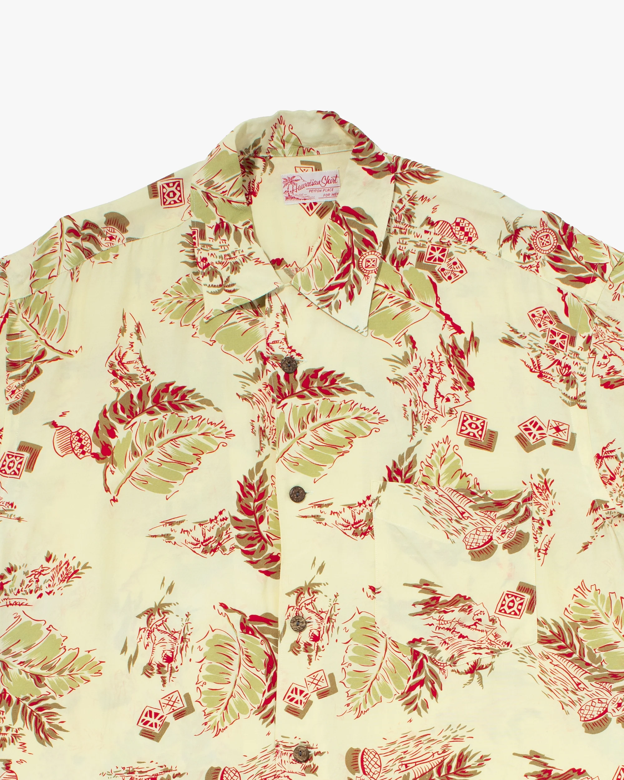 Japanese Repro, Short Sleeve Aloha Shirt, Sun Surf, Pale Yellow with Red Botanical - XL - Image 2