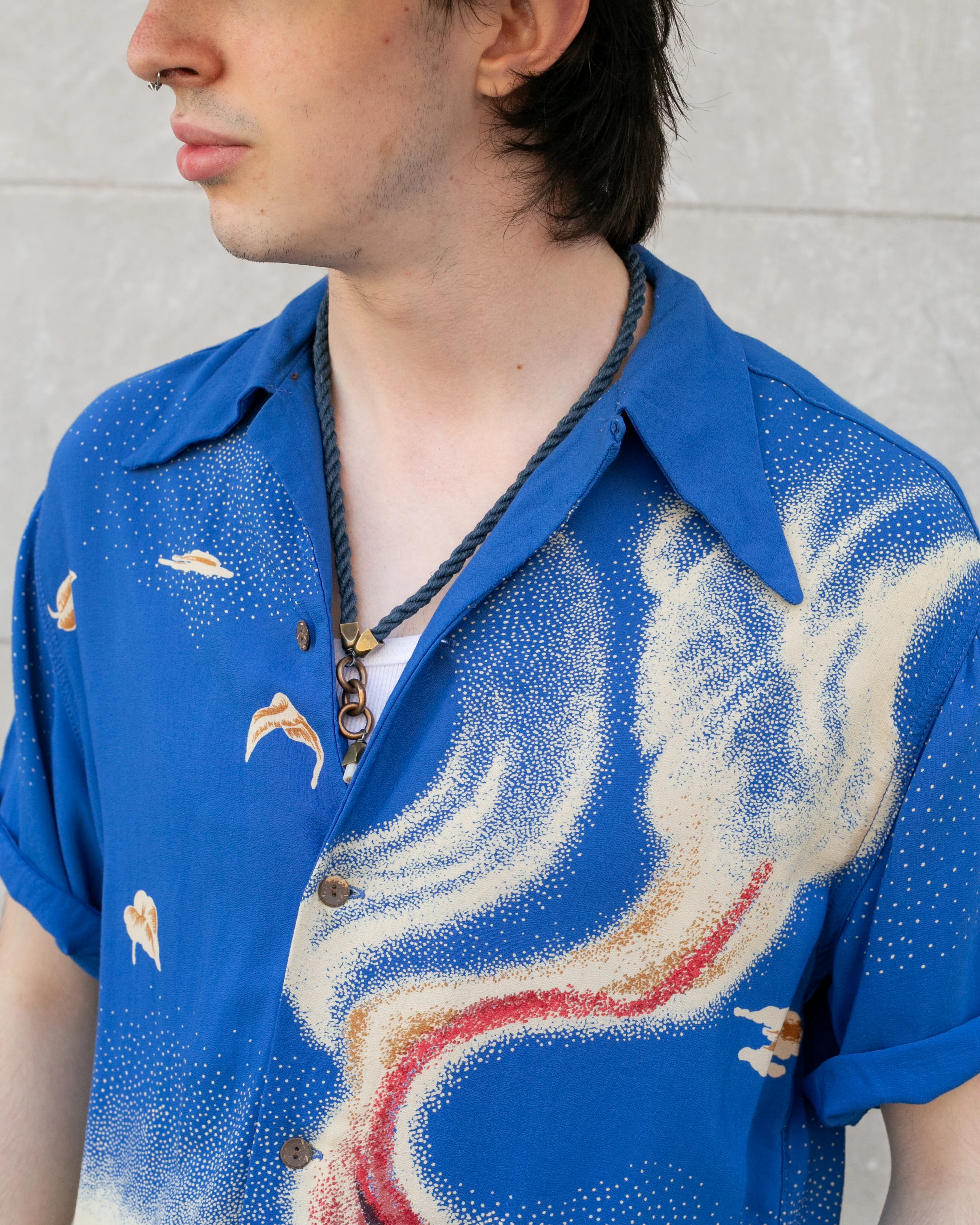 Japanese Repro, Short Sleeve Aloha Shirt, Denime Brand, Blue Volcano - L - Image 3