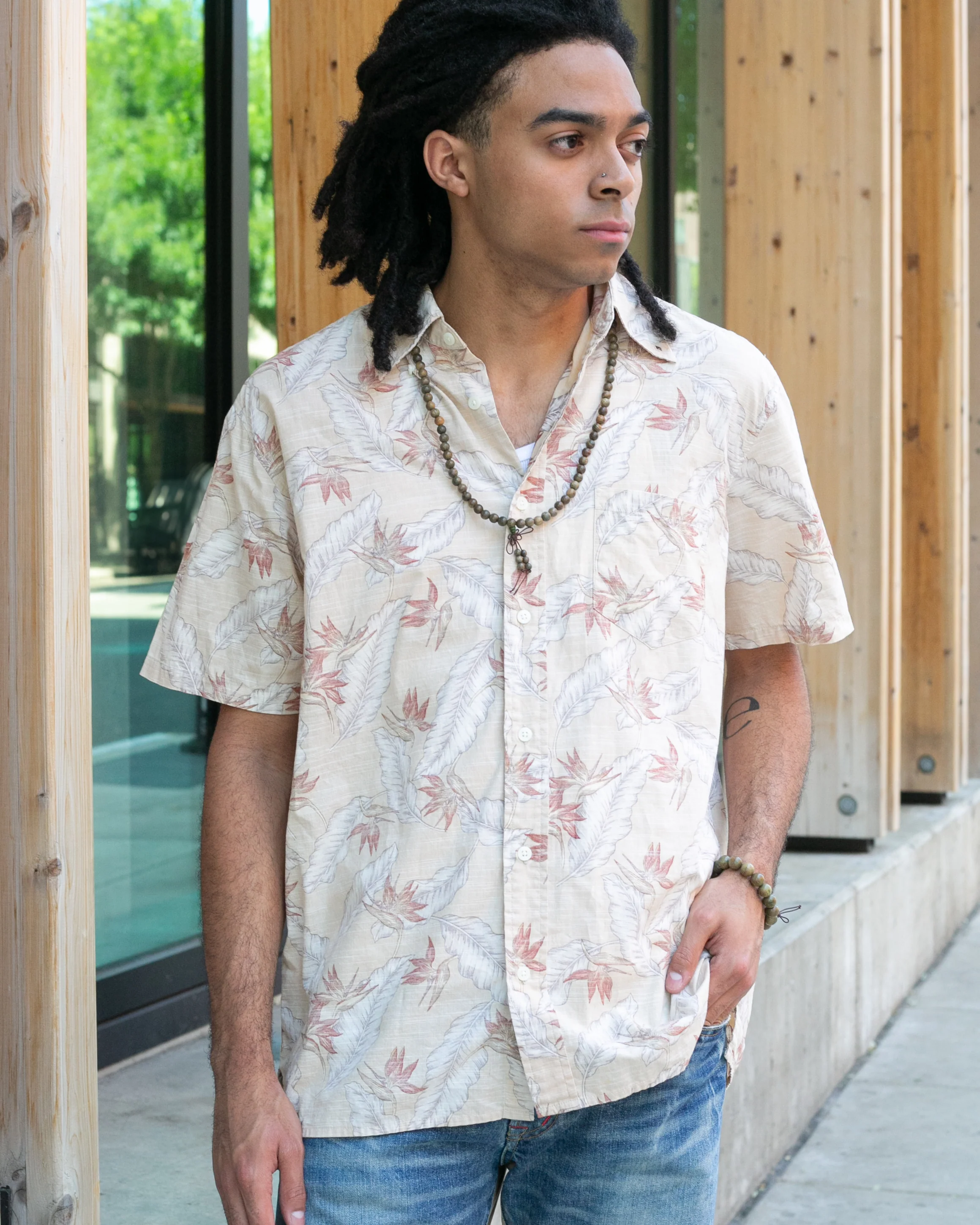 Japanese Repro, Short Sleeve Aloha Shirt, Hawaiian Aloha Tropical Brand, Cream and Brown Leaves - Image 5