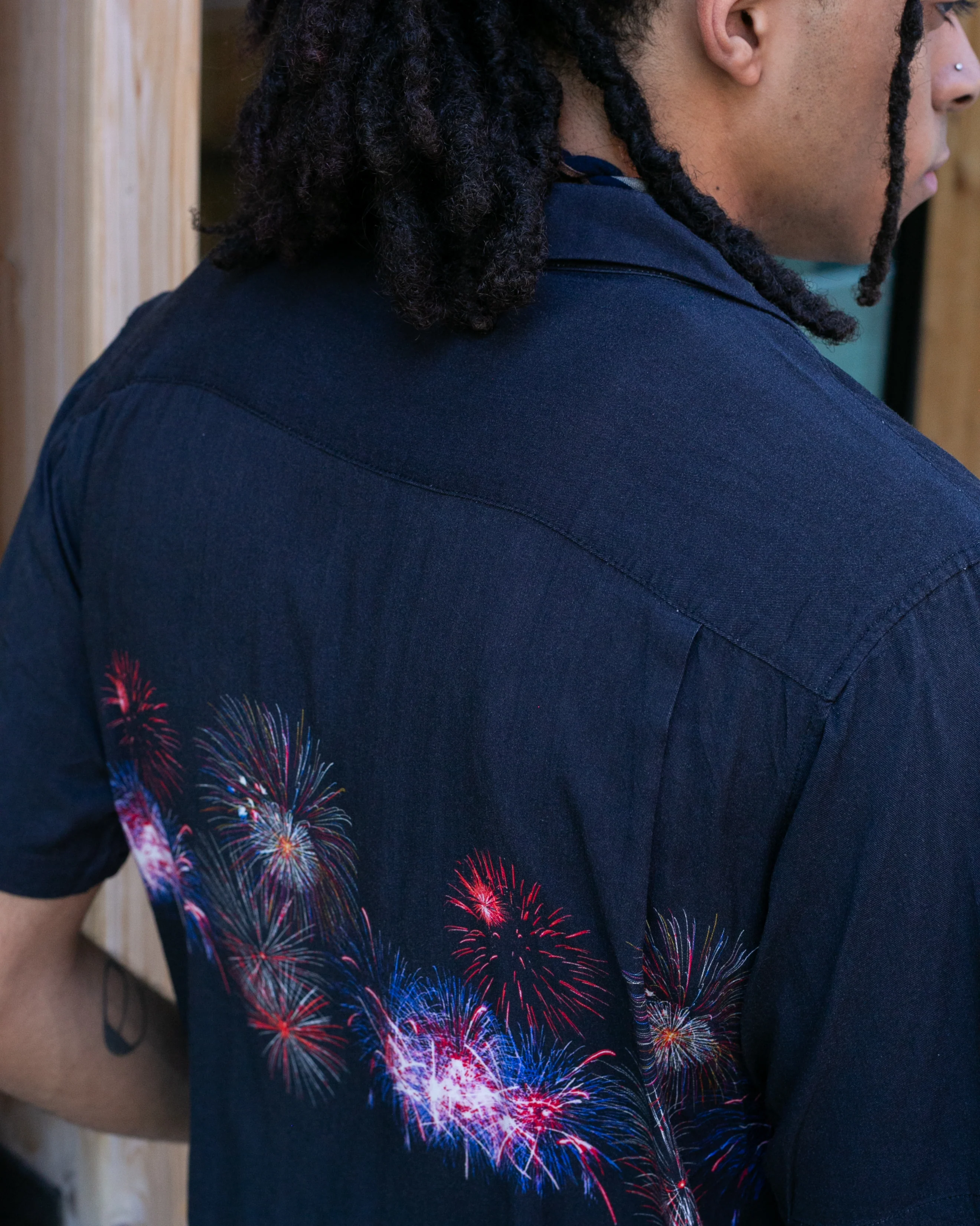Japanese Repro, Short Sleeve Aloha Shirt, Houston Brand, Black with Fireworks - Image 4