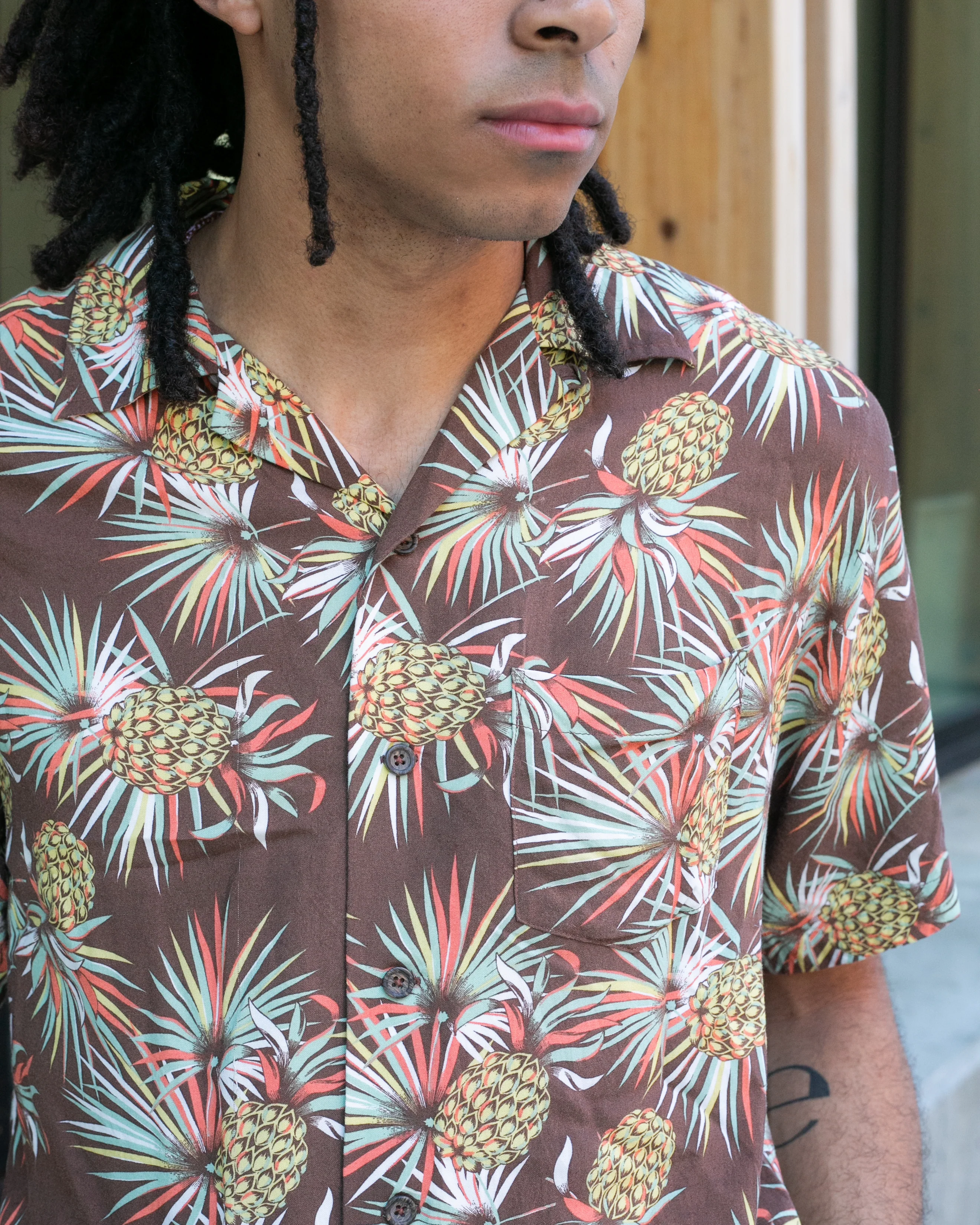 Japanese Repro, Short Sleeve Aloha Shirt, Kaluluwa Brand, Brown with Yellow and Green Pineapples - Image 2