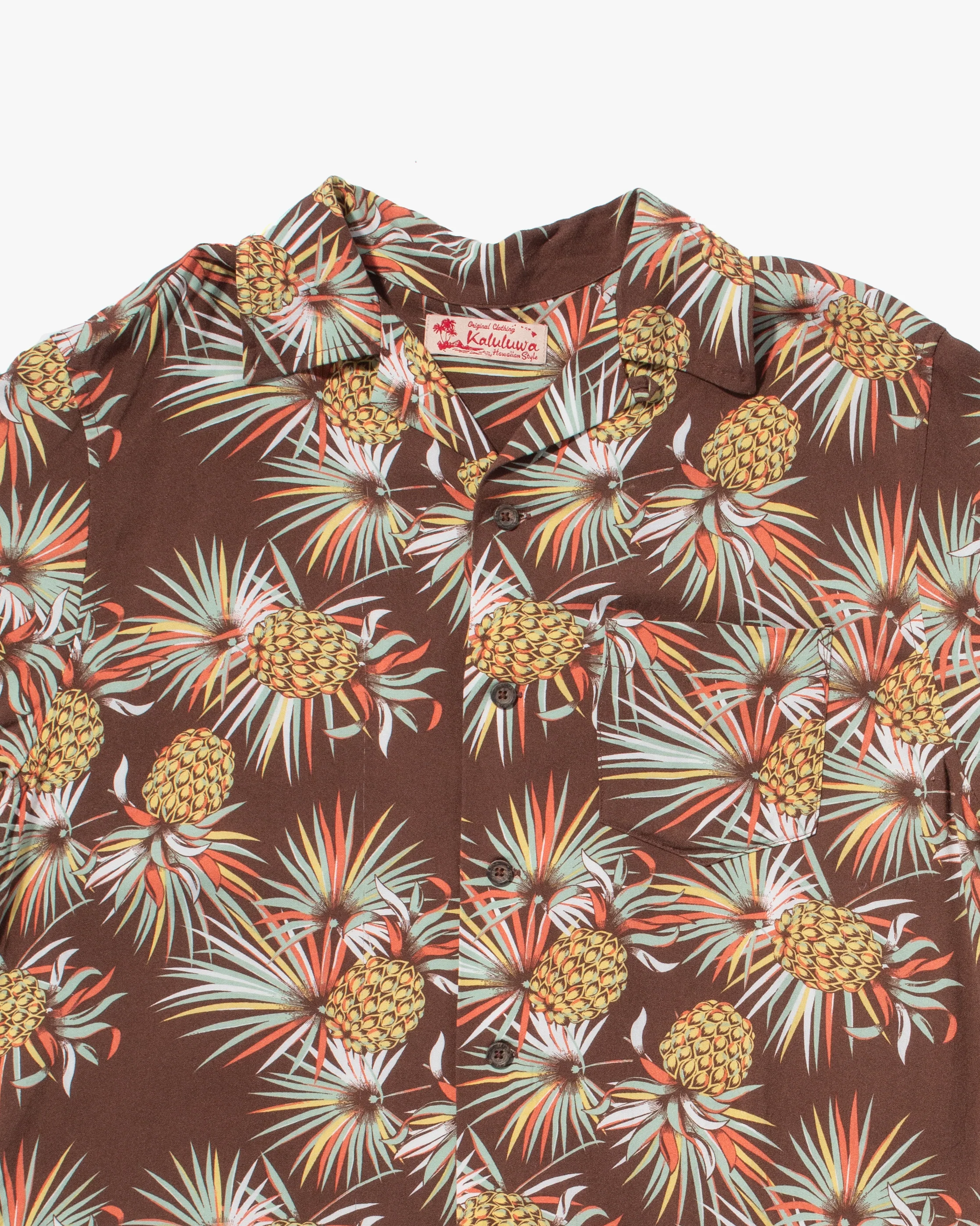 Japanese Repro, Short Sleeve Aloha Shirt, Kaluluwa Brand, Brown with Yellow and Green Pineapples - Image 7