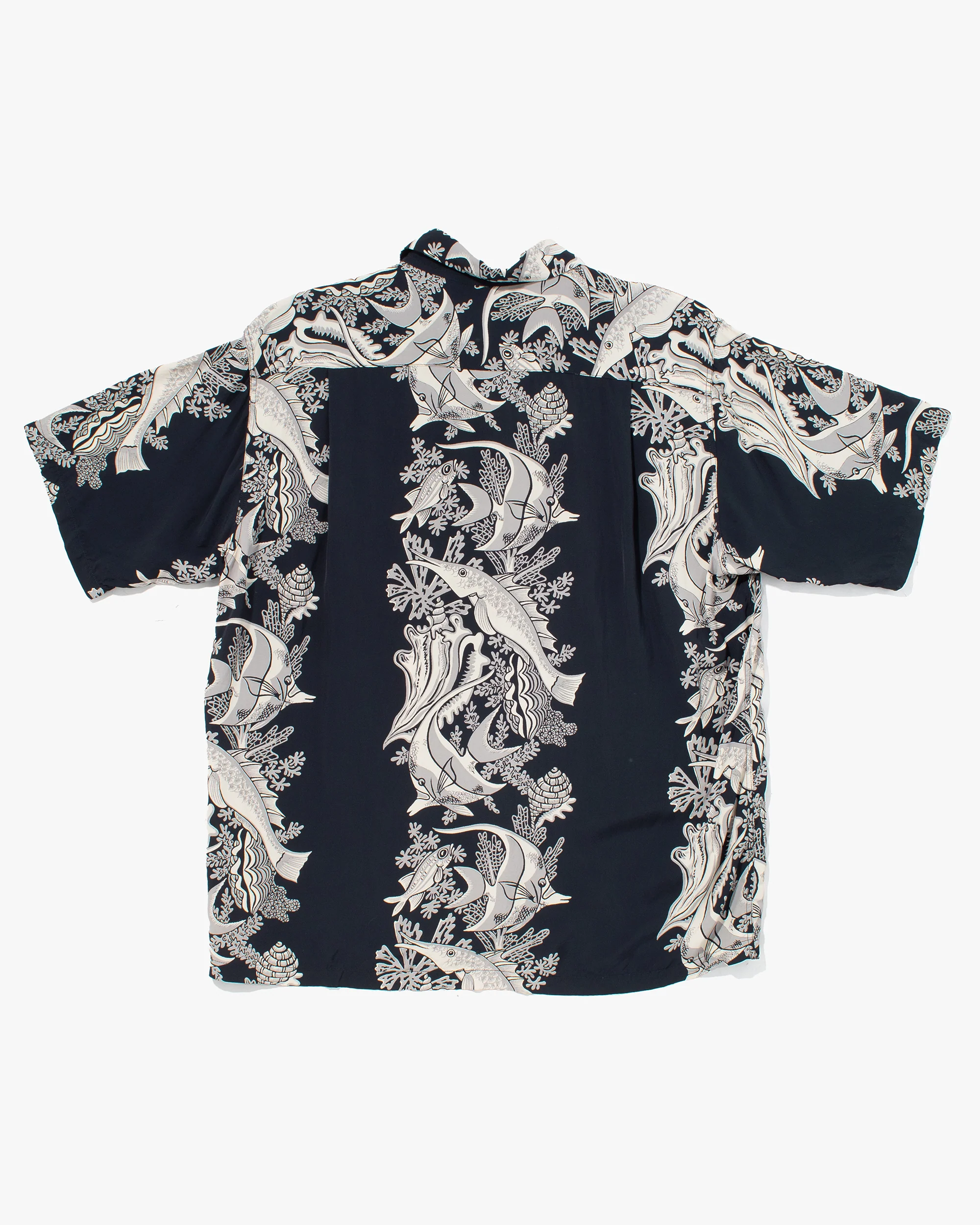 Japanese Repro, Short Sleeve Aloha Shirt, Sun Surf, Navy with Fish - M - Image 4