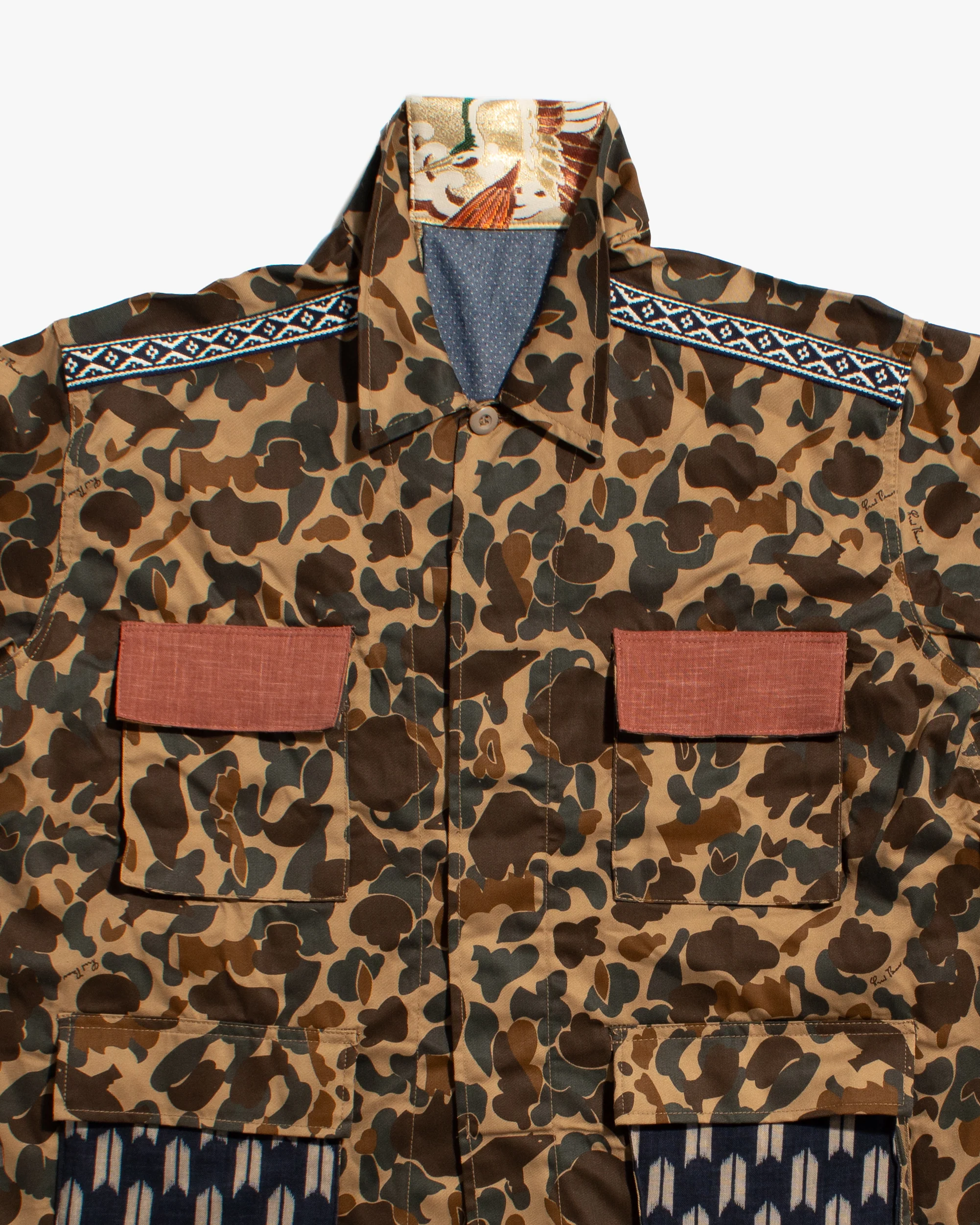 Kiriko Custom Military Jacket, Camo Patched, Double Crane Obi with Hishi Webbing, Yagasuri and Orange Pocket Flaps - Image 3