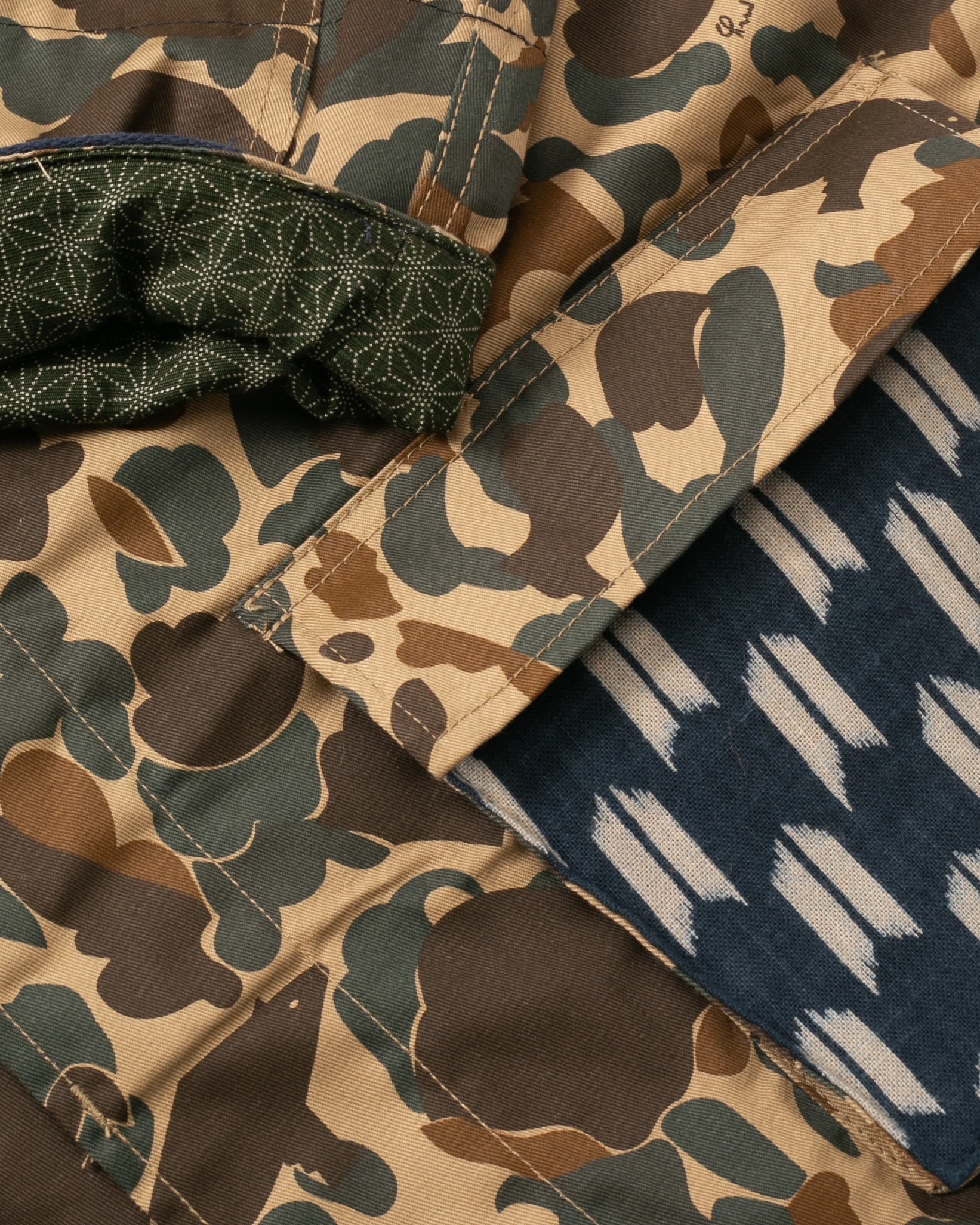 Kiriko Custom Military Jacket, Camo Patched, Double Crane Obi with Hishi Webbing, Yagasuri and Orange Pocket Flaps - Image 4