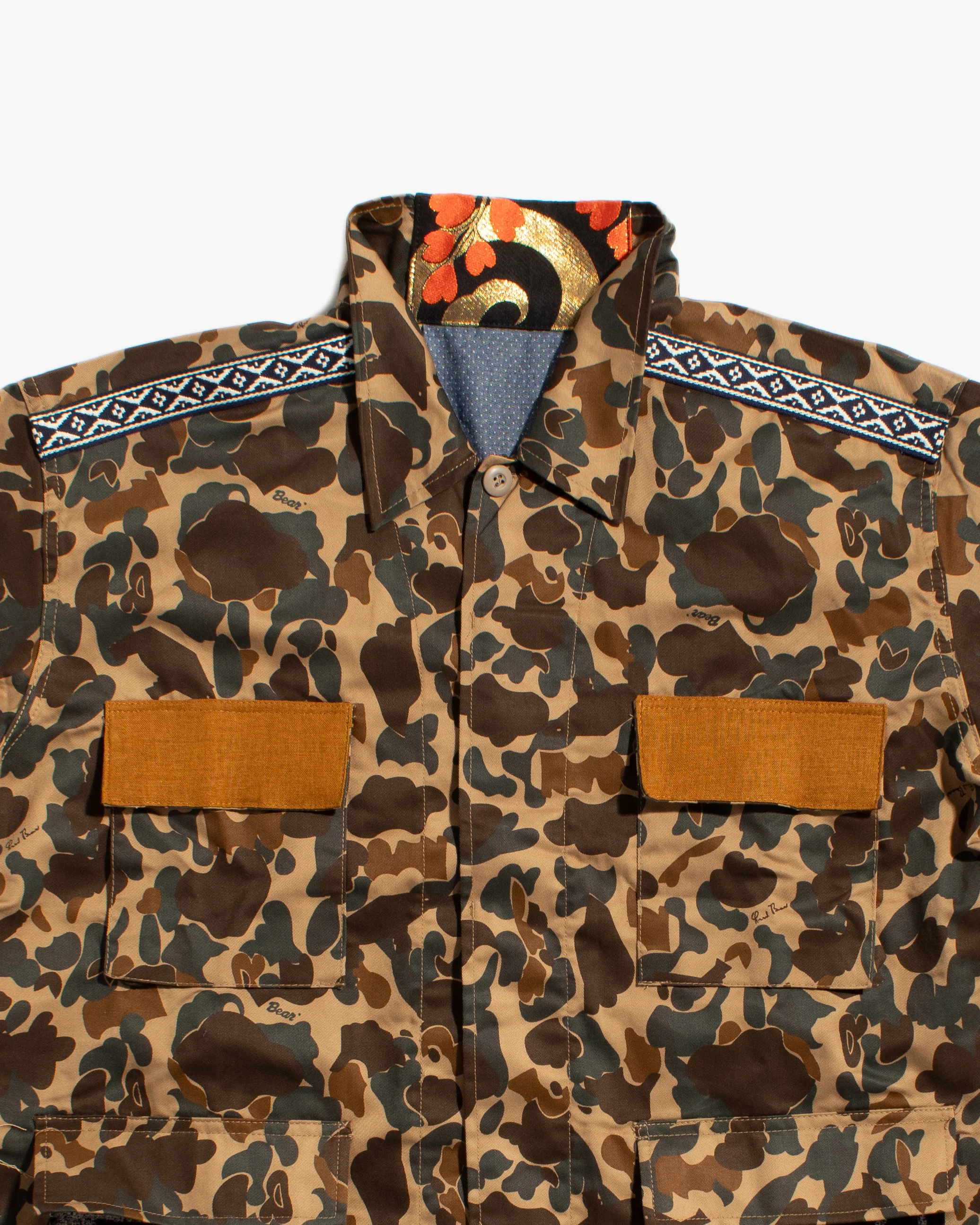 Kiriko Custom Military Jacket, Camo Patched, Kiri Karakusa Obi with Hishi Webbing, Asanoha, and Orange Pocket Flaps - Image 9