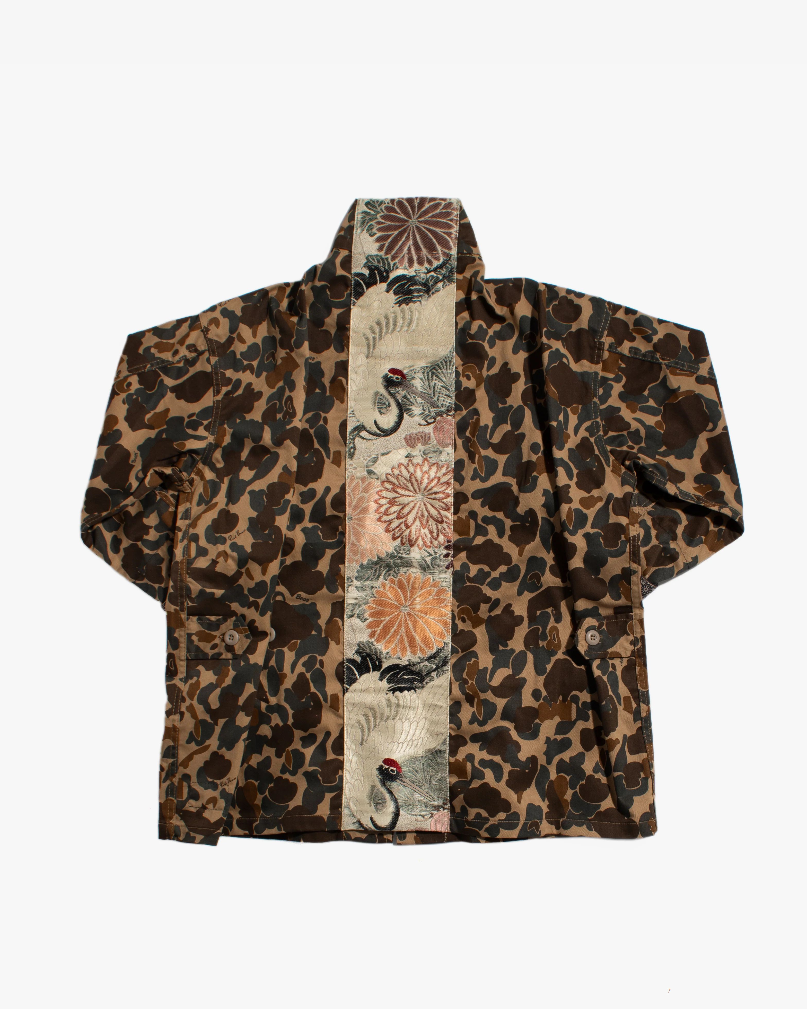 Kiriko Custom Military Jacket, Camo Patched, Crane and Chrysanthemum Obi with Hishi Webbing, Shippou, Asanoha, and Rust Pocket Flaps - Image 10