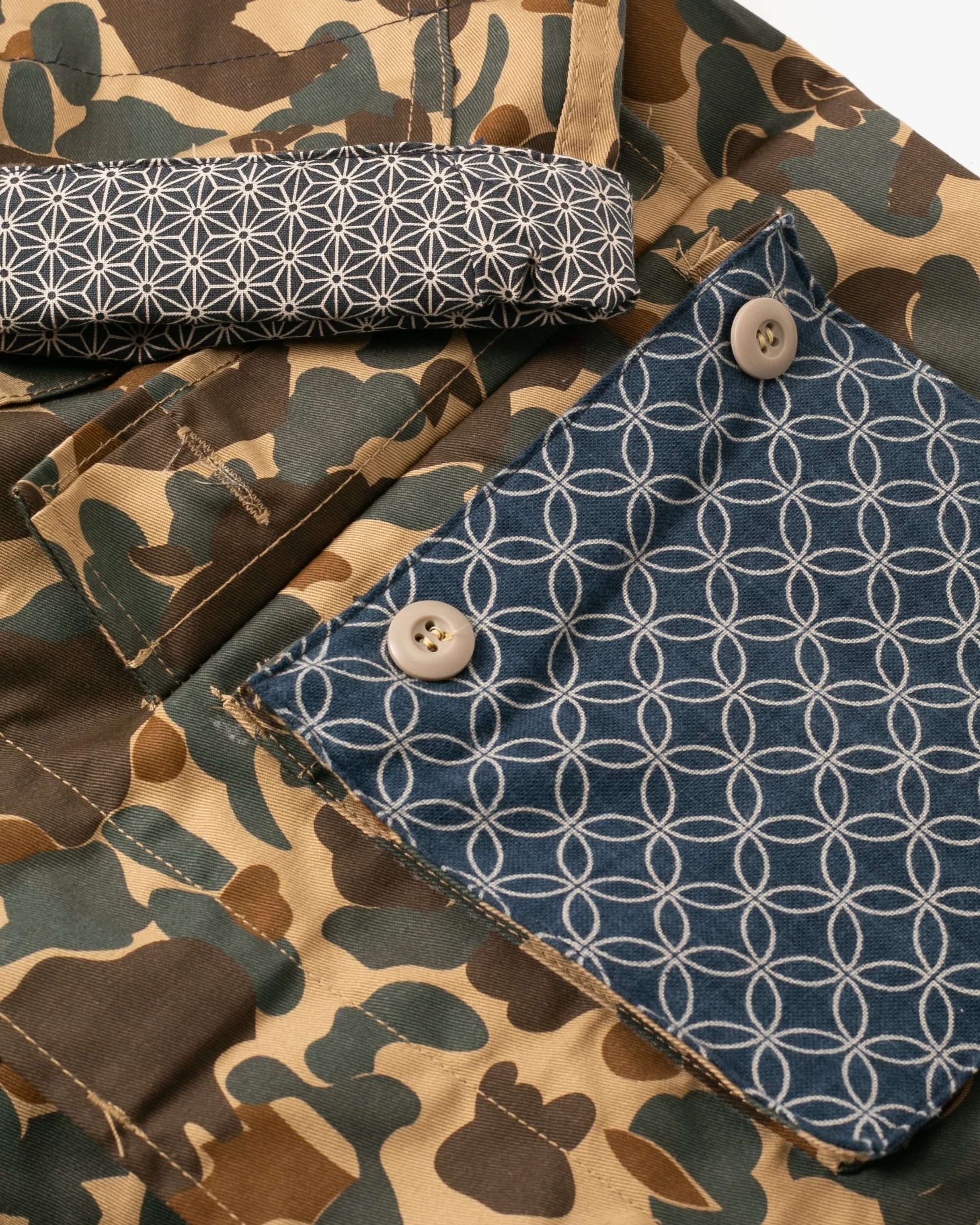 Kiriko Custom Military Jacket, Camo Patched, Crane and Chrysanthemum Obi with Hishi Webbing, Shippou, Asanoha, and Rust Pocket Flaps - Image 12