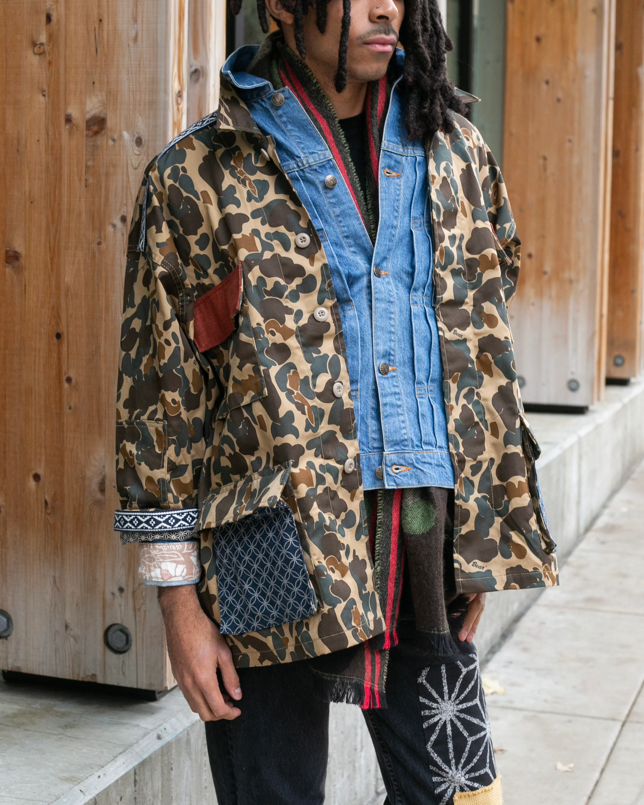 Kiriko Custom Military Jacket, Camo Patched, Crane and Chrysanthemum Obi with Hishi Webbing, Shippou, Asanoha, and Rust Pocket Flaps - Image 4