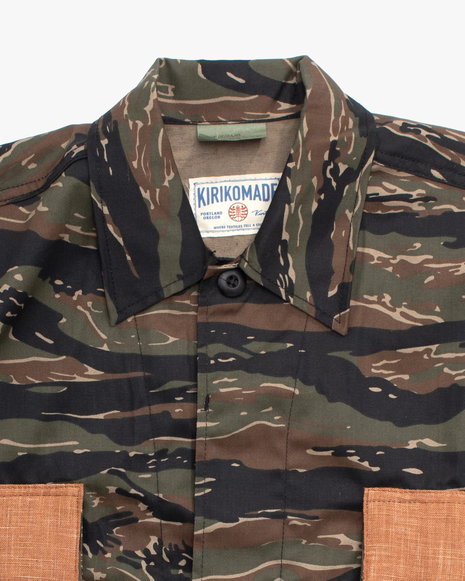 Kiriko Custom Cropped Military Jacket, Camo Patched, Phoenix Obi and Indigo Momiji with Persimmon Pockets Flaps - Image 2