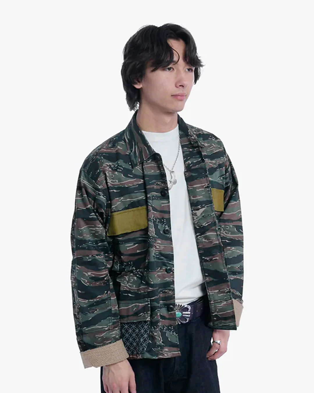 Kiriko Custom Cropped Military Jacket, Camo Patched, Peacock Obi and Indigo Shippou with Matsuba Green Pockets Flaps