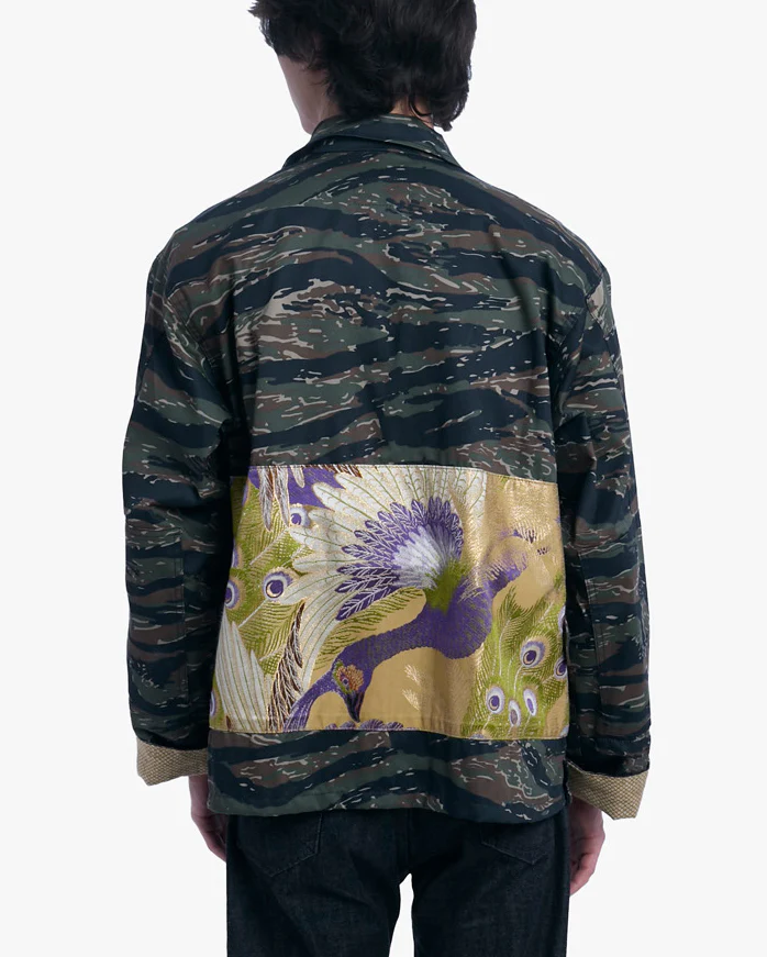 Kiriko Custom Cropped Military Jacket, Camo Patched, Peacock Obi and Indigo Shippou with Matsuba Green Pockets Flaps - Image 2