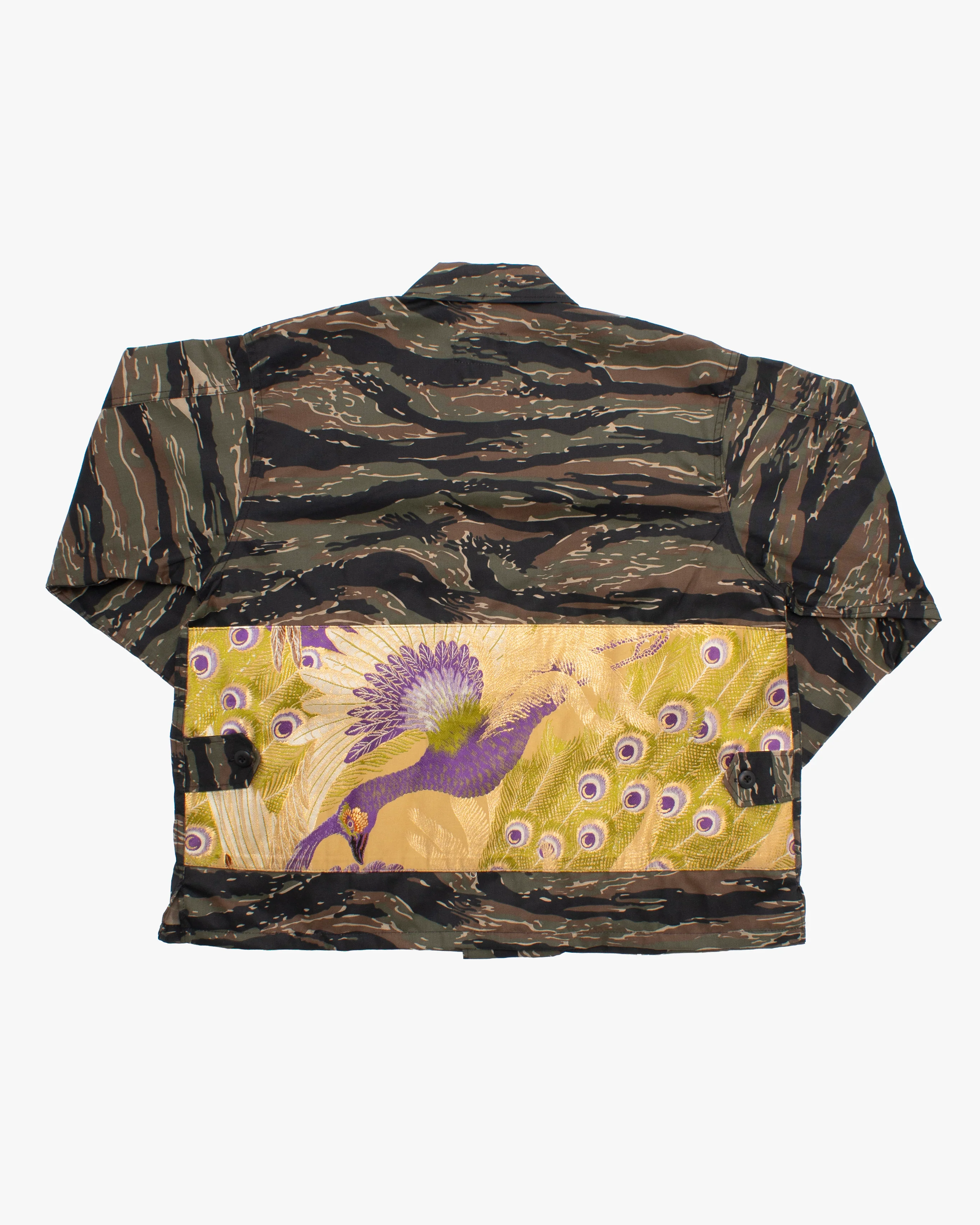 Kiriko Custom Cropped Military Jacket, Camo Patched, Peacock Obi and Indigo Shippou with Matsuba Green Pockets Flaps - Image 5