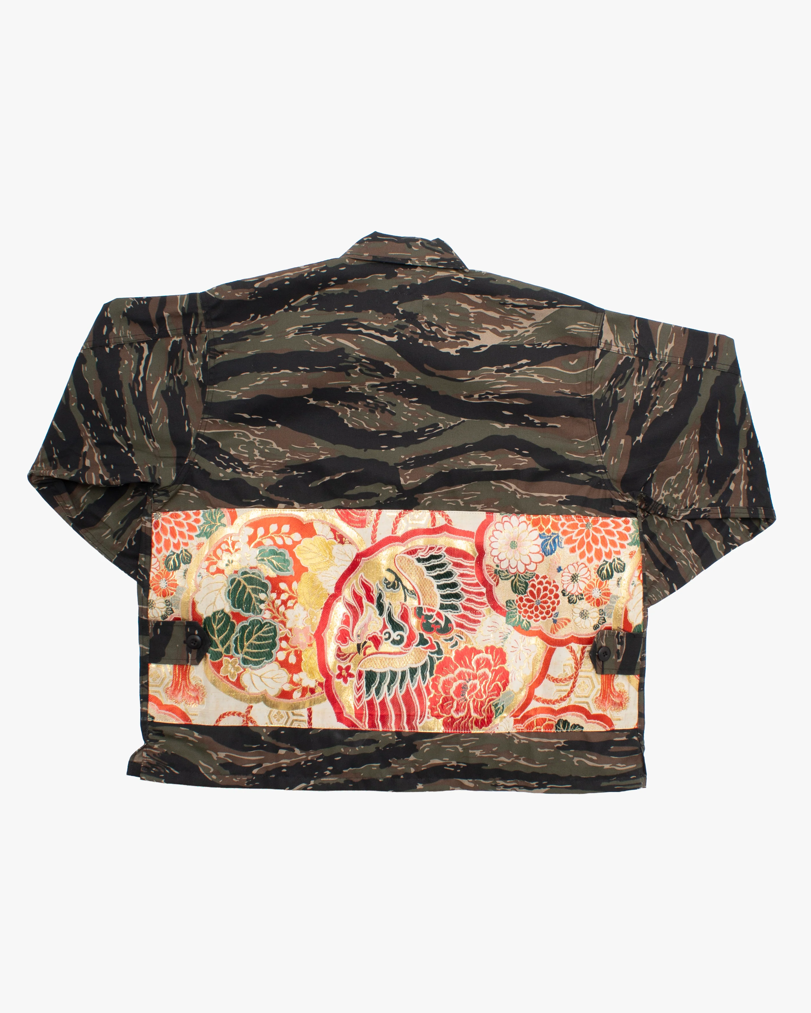 Kiriko Custom Cropped Military Jacket, Camo Patched, Phoenix Obi and Indigo Uroko with Rust Pockets Flaps - Image 5