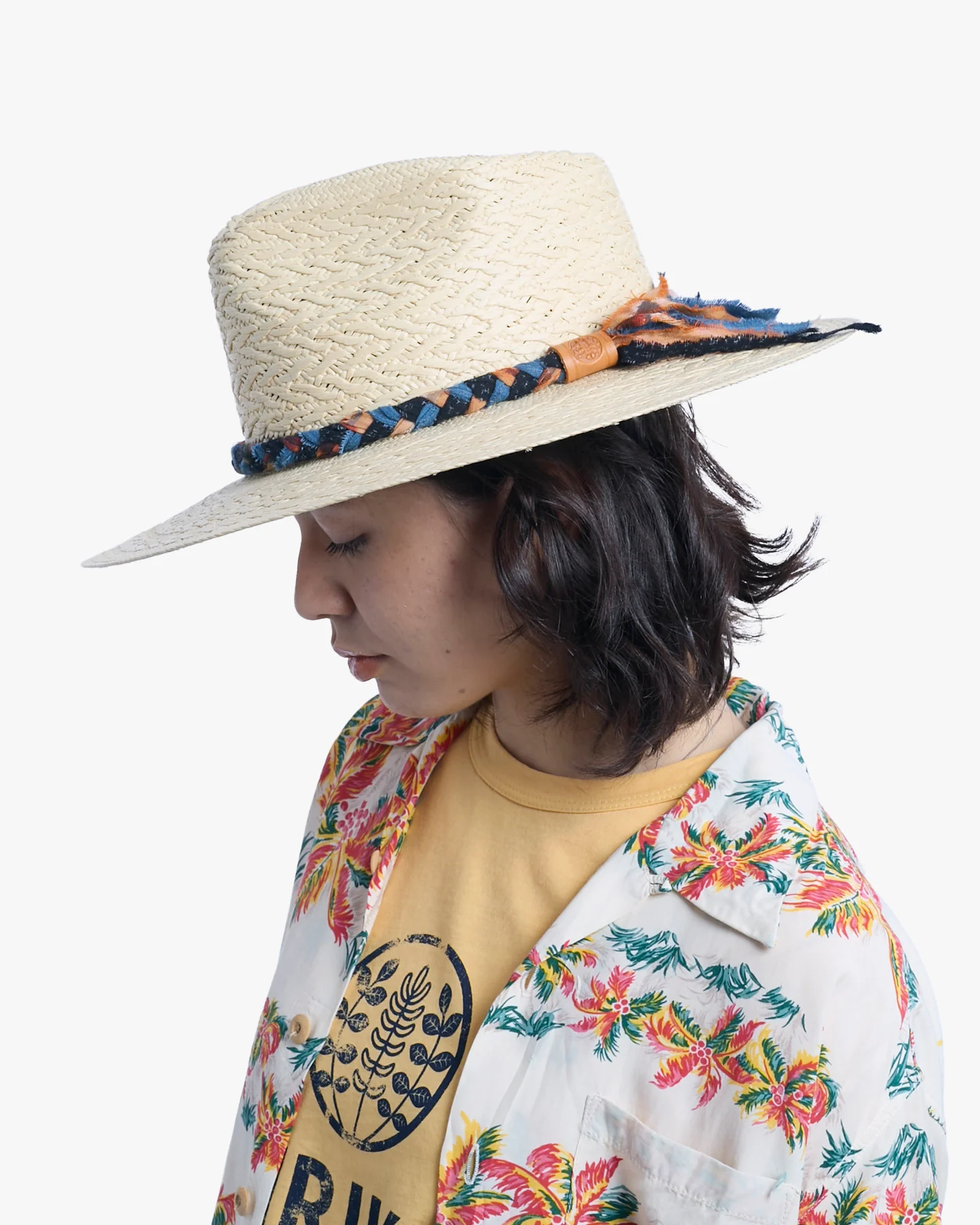 Kiriko Custom Panama Hat, Straw, Braided Katazome, Indigo and Orange - Image 2