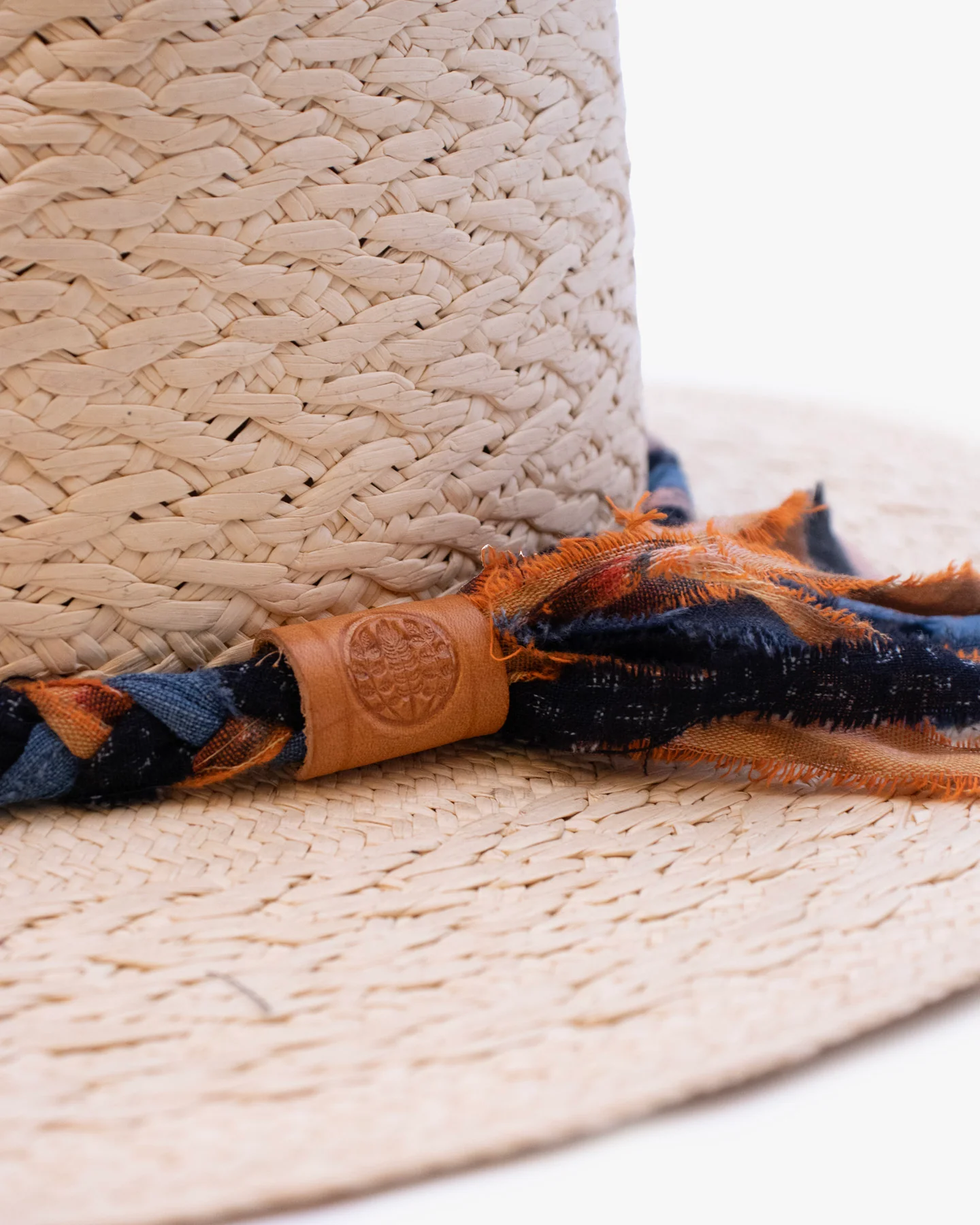 Kiriko Custom Panama Hat, Straw, Braided Katazome, Indigo and Orange - Image 4